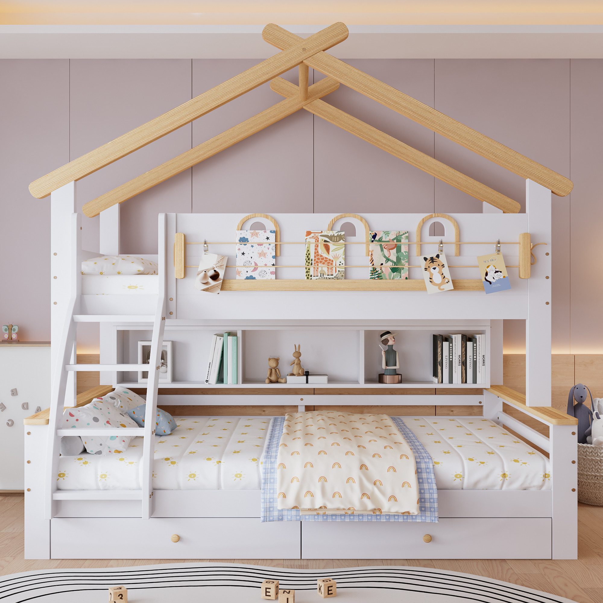 Merax Etagenbett 90x200cm & 120x200cm mit Dachdesign & Leitplanke (1-St., J günstig online kaufen