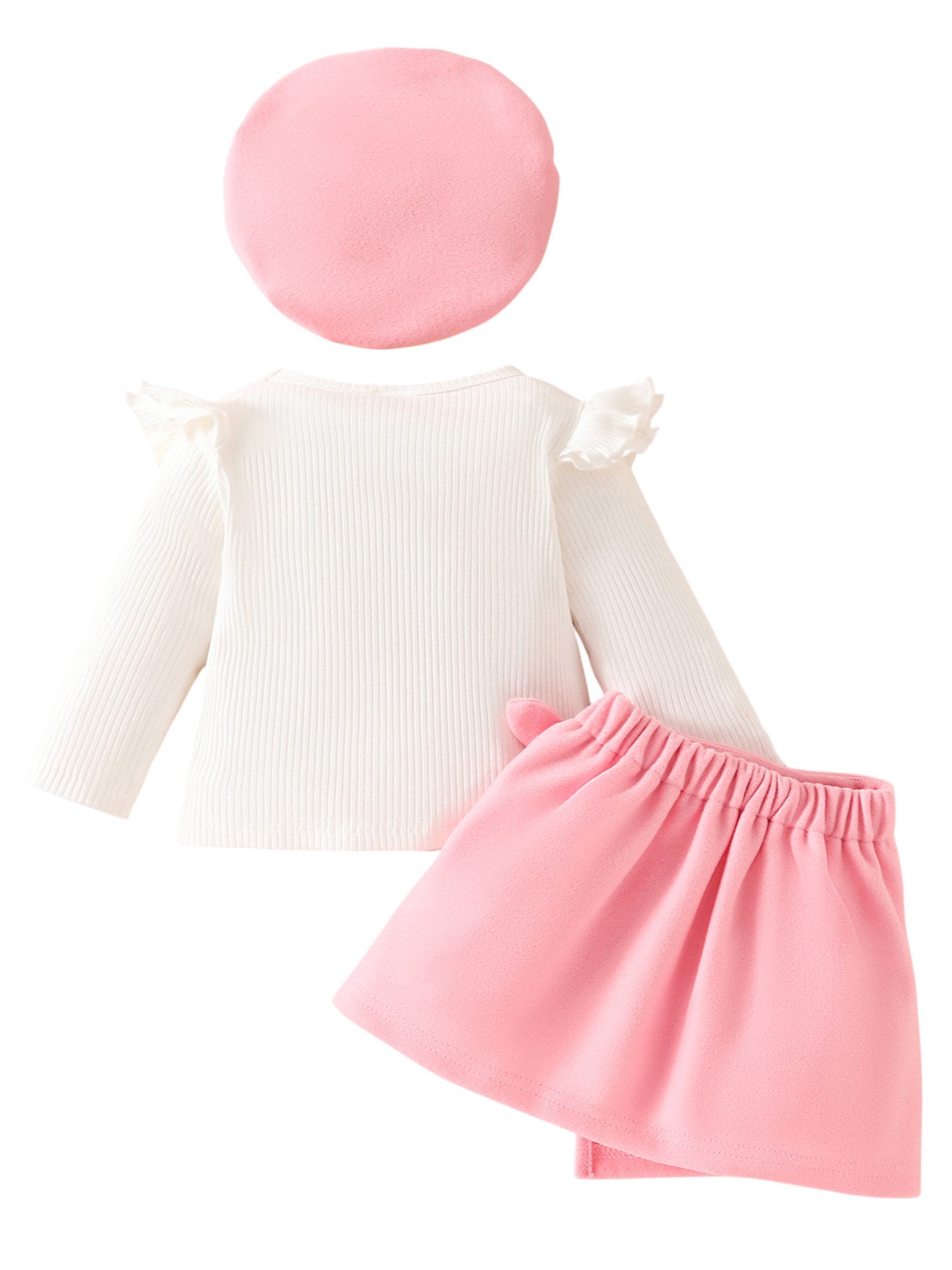 Gluckids Shirt & Rock Baby Mädchen elegantes Outfit, Strickoberteil, Samtrock, Baskenmütze (Set, 3-tg) Party Kleidung für Mädchen, Stilvolles farblich abgesetztes Alltagsset