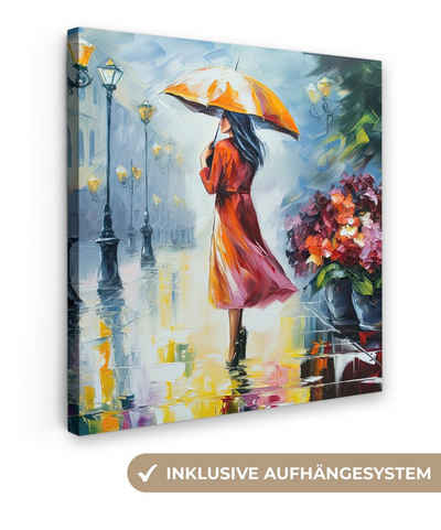 OneMillionCanvasses® Leinwandbild Ölgemälde - Regenschirm - Frau - Straße - Kunst, (1 St), Leinwand Bilder für Wohnzimmer Schlafzimmer, 20x20 cm