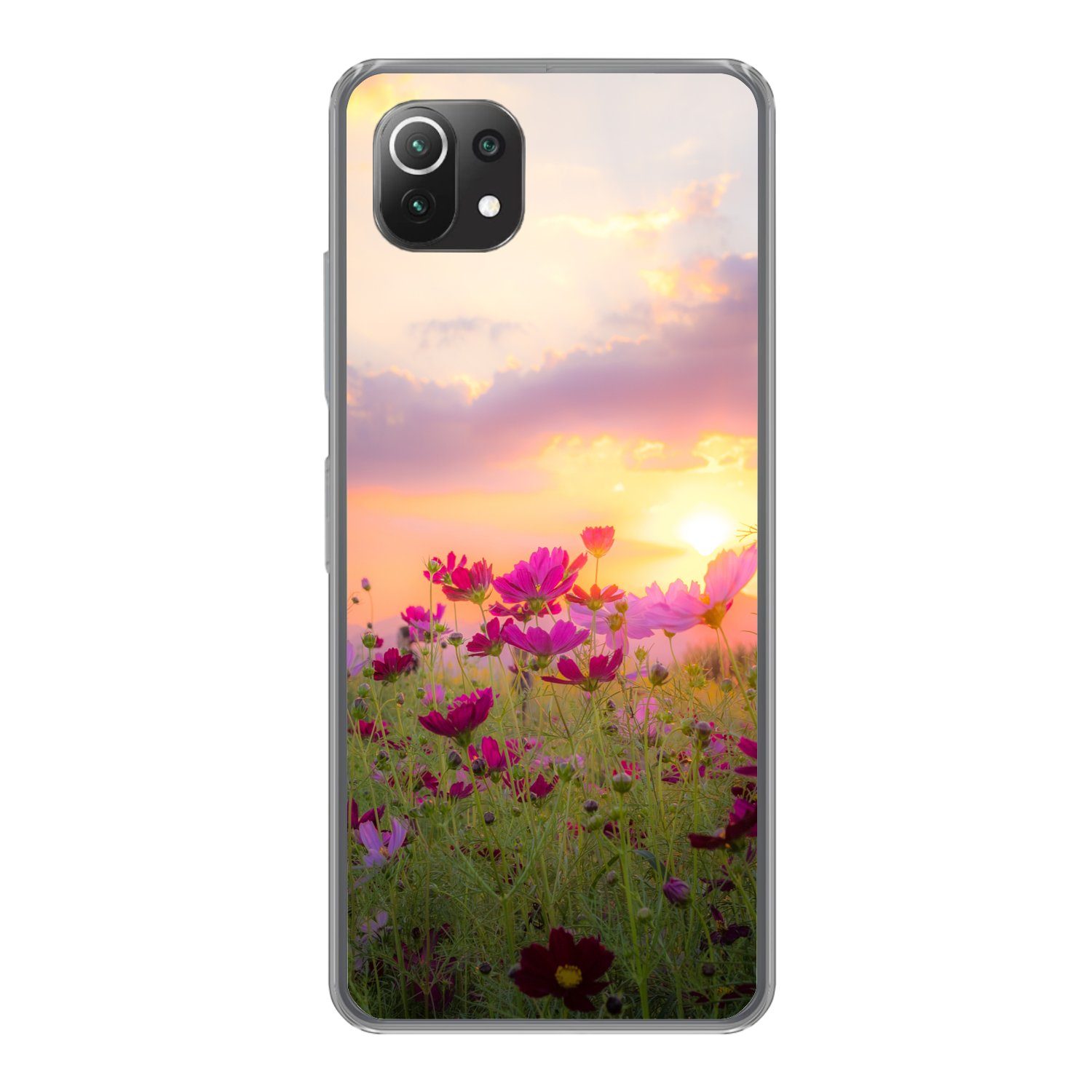 MuchoWow Handyhülle für Xiaomi Mi 11 Lite Sonnenuntergang - Blumen - Rosa - Natur - Grün, Phone Case, Silikon, Schutzhülle Dünn