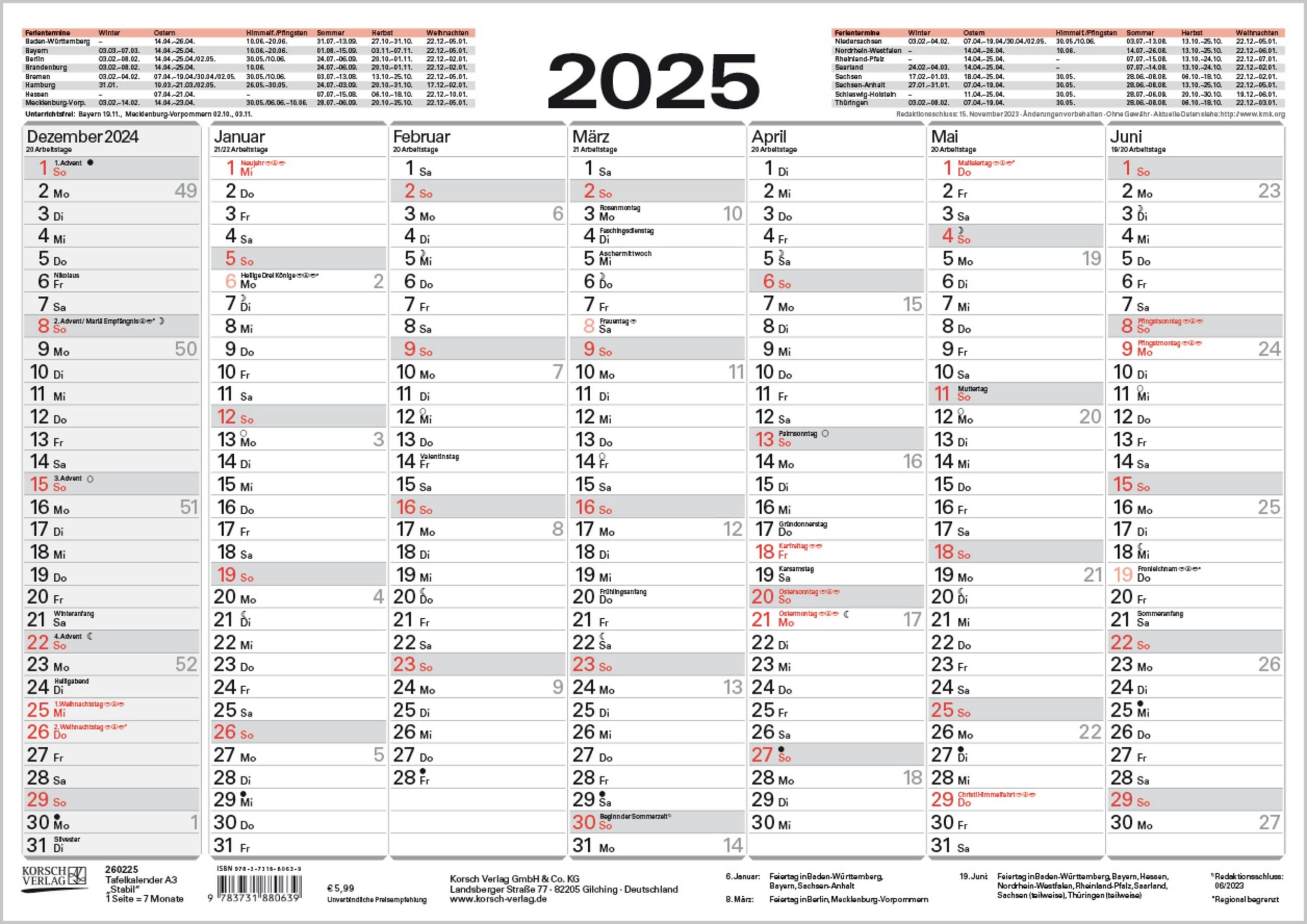 Korsch Verlag Terminkalender Tafelkalender A3 "Stabil" 2025