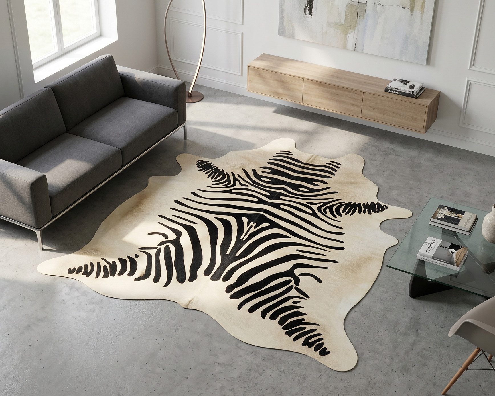 KUHFELL online & NOMAD Fellteppich Kuhfell creme weiß mit Zebra Print Rinder Fell Teppich
