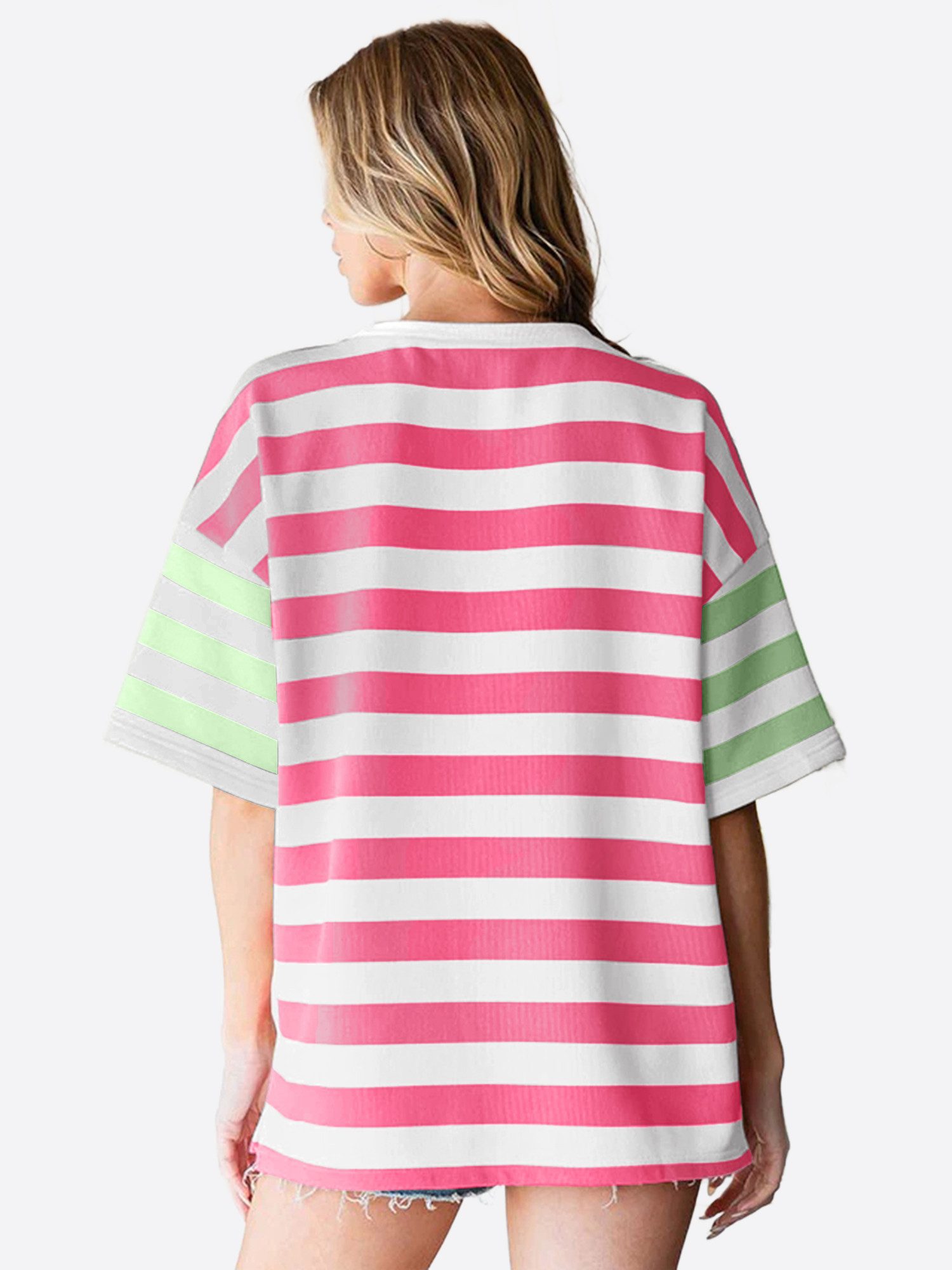 Imily Bela T-Shirt Damen Bluse mit Streifen und Farbblöcken (Packung, 1-tlg., 1per-Pack) Brusttasche