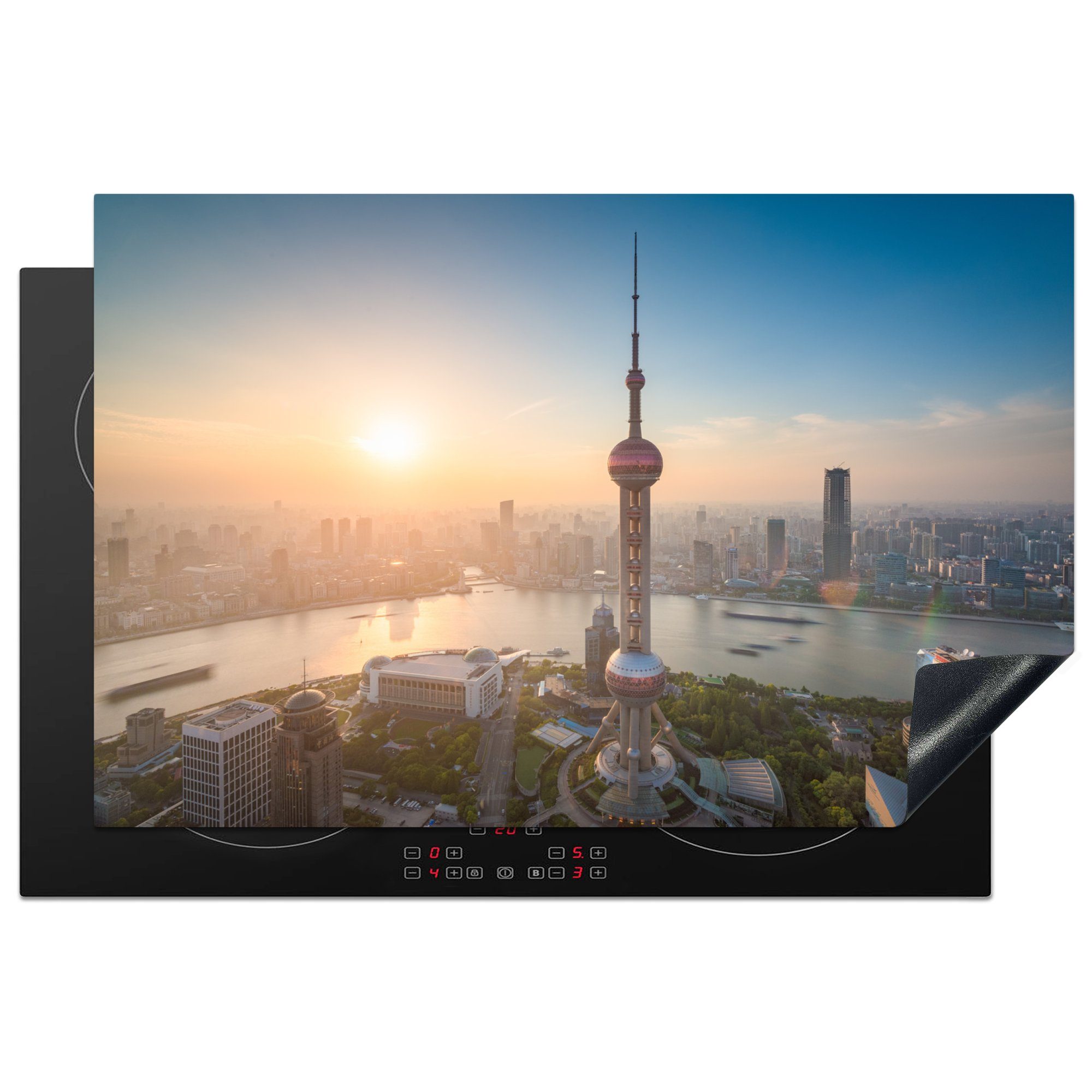 MuchoWow Herdblende-/Abdeckplatte Oriental Pearl Tower in Shanghai während eines Sonnenaufgangs, Vinyl, (1 tlg), 81x52 cm, Induktionskochfeld Schutz für die küche, Ceranfeldabdeckung