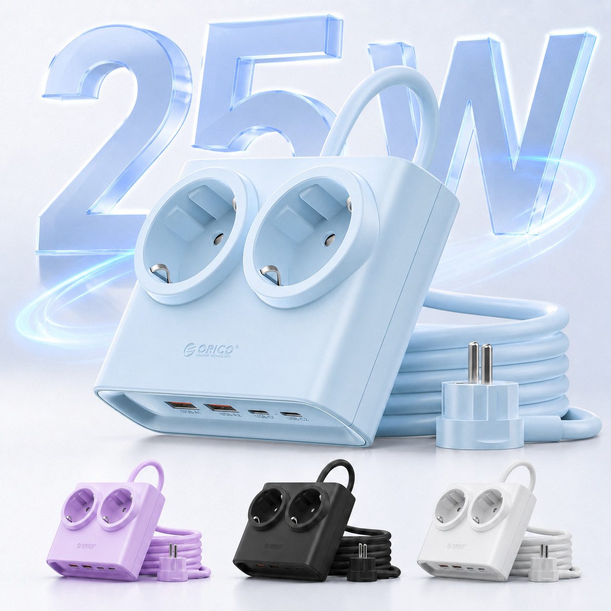 ORICO Steckdose 25W/15W GaN Mehrfachsteckdose 6-in-1 Steckdosenleiste,2AC+2USB +2CPD, flacher 1,3 cm Stecke, 1-St., 1,6 m Kabel, 2500 W., für Haushalt & Büro