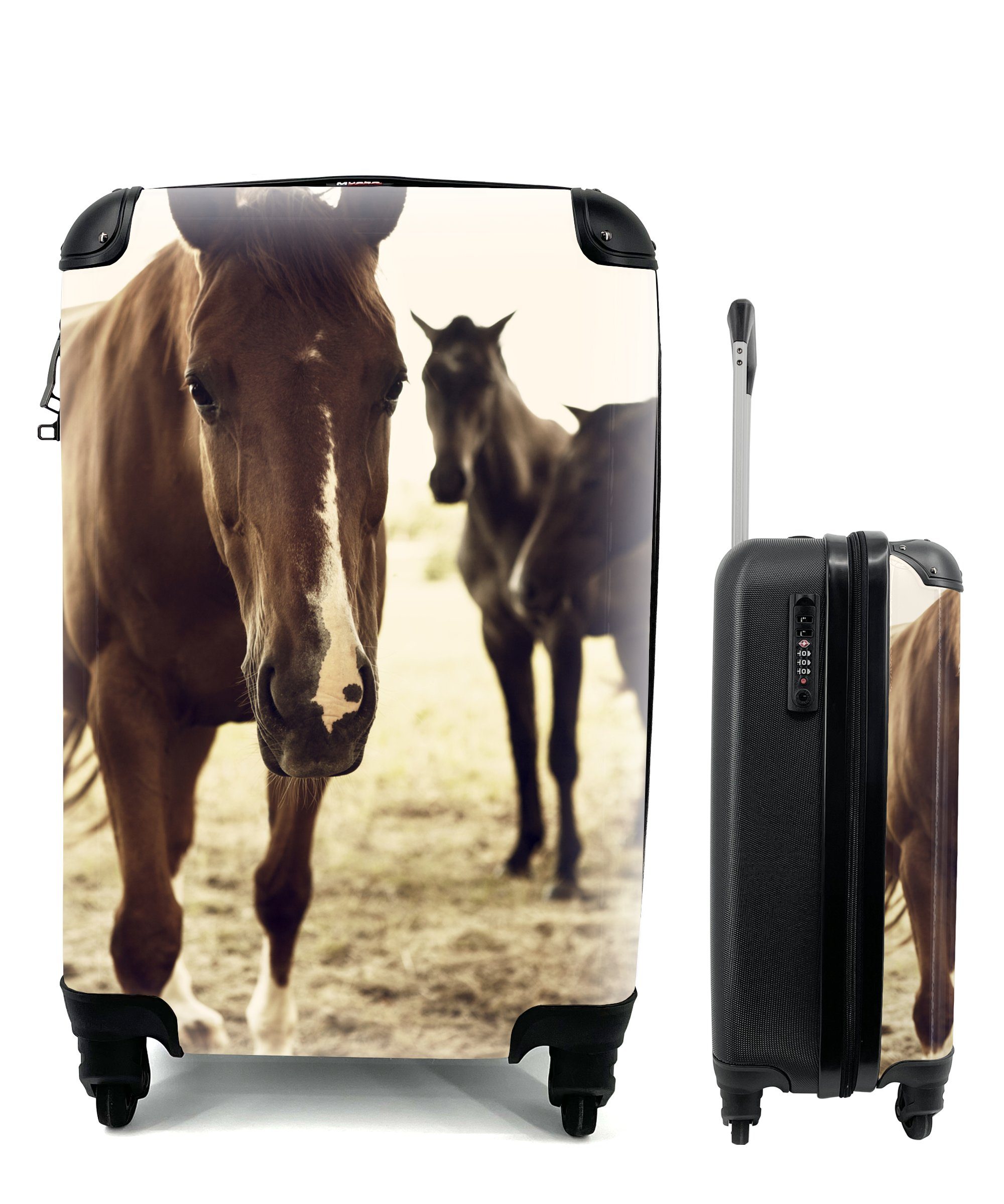 MuchoWow Handgepäckkoffer Pferde Sepia-Fotodruck, 4 Rollen, Reisetasche mit rollen, Handgepäck für Ferien, Trolley, Reisekoffer