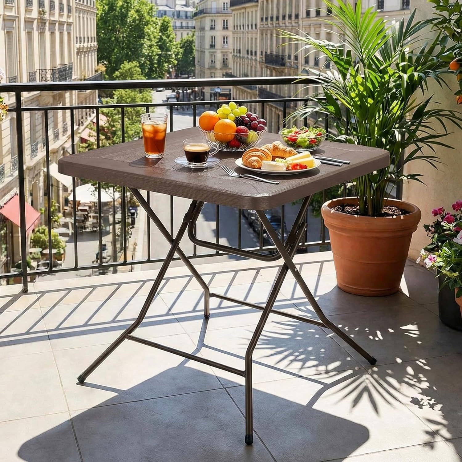 TLGREEN Gartentisch Buffettisch Klappbar 80*80*74cm (Holz-Optik Balkontisch mit Stahlrahmen, Wetterfest Campingtisch, Tragbarer Klein Esstisch), für Garten, Terrasse, Picknick & Party, Hohe Stabilität