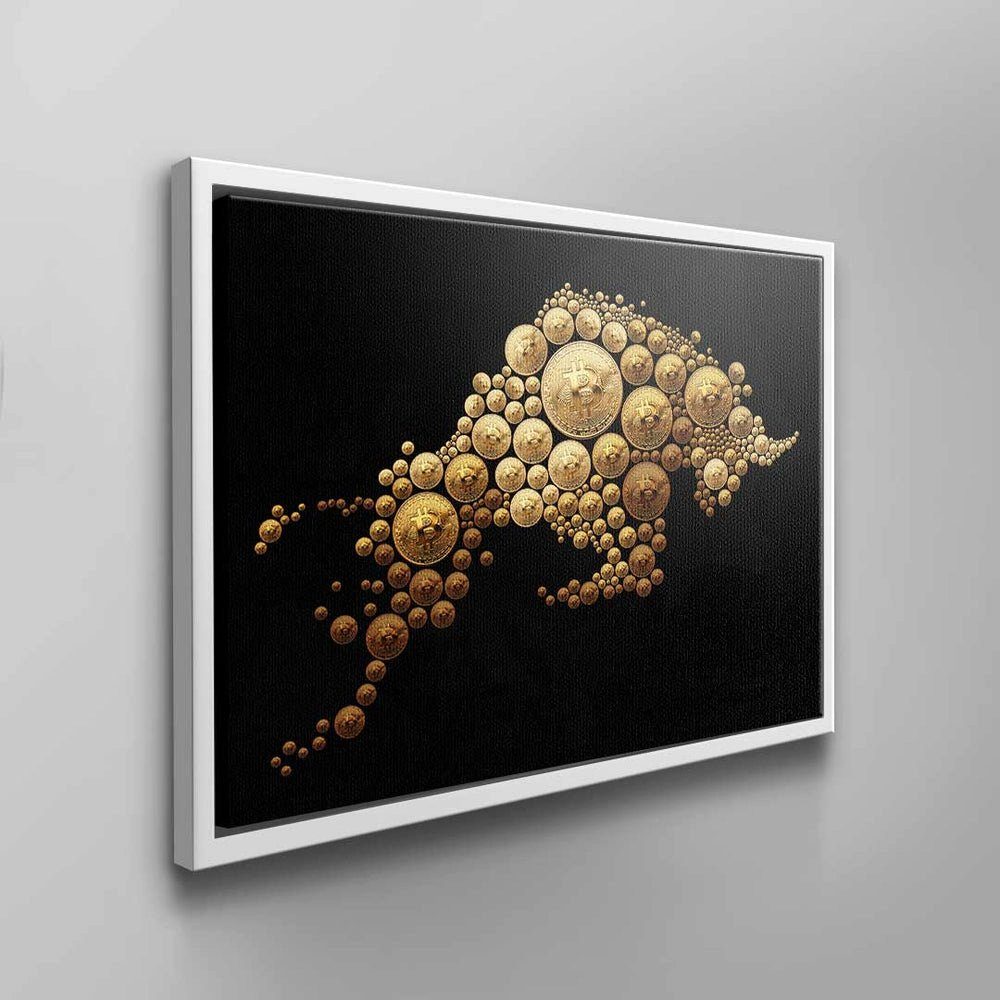 DOTCOMCANVAS® Leinwandbild Bulle Bitcoin schwarz Wandbild Krypto Bitcoin Bulle ohne Bitcoin Tier Bulle, Goldmünze Rahmen