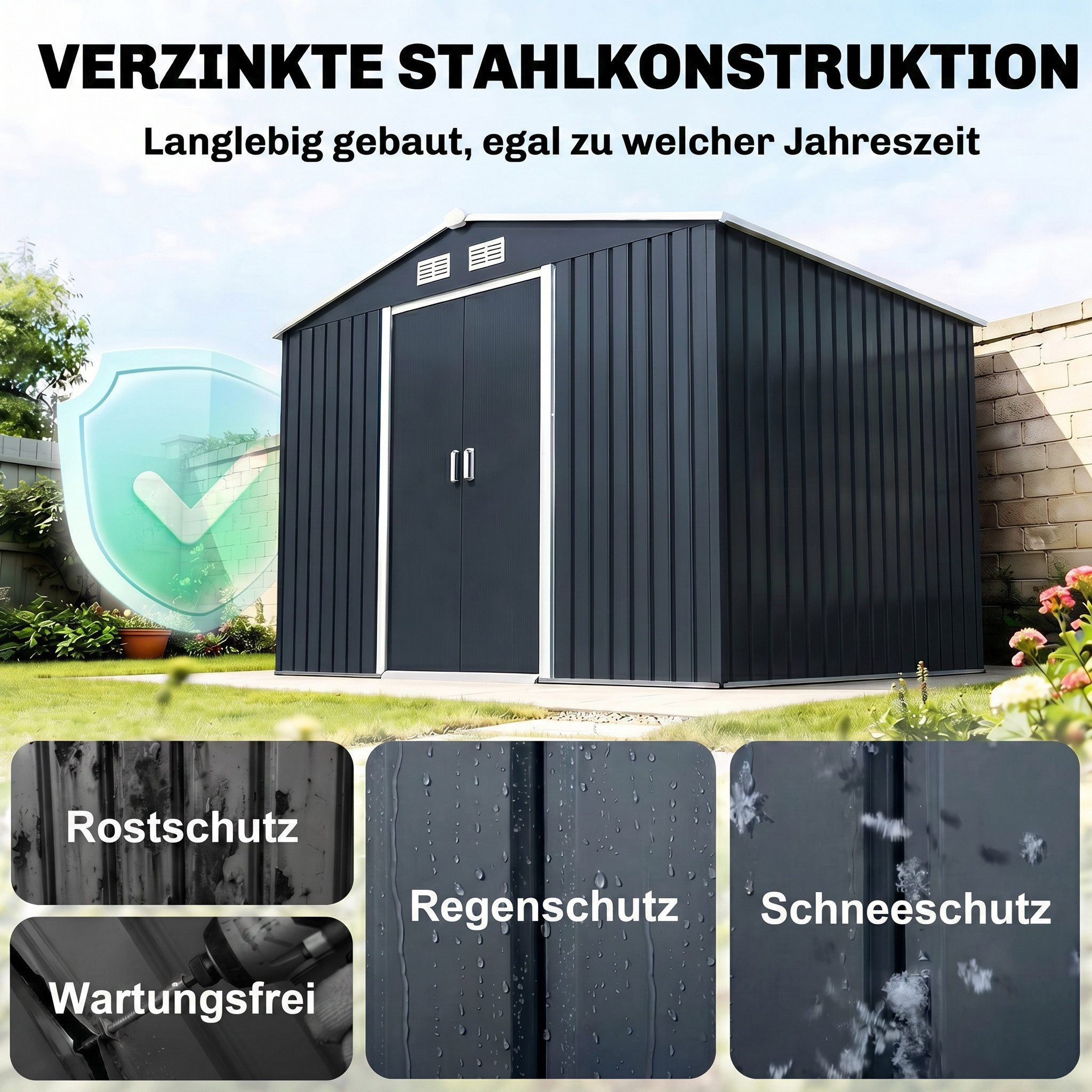Outsunny Gerätehaus Fahrradschuppen, Schuppen mit Fundament, BxT: 277x195 cm, (Gartenhaus, 1 St., Geräteschuppen), für Garten, Kohlegrau – Bild 4 von 5