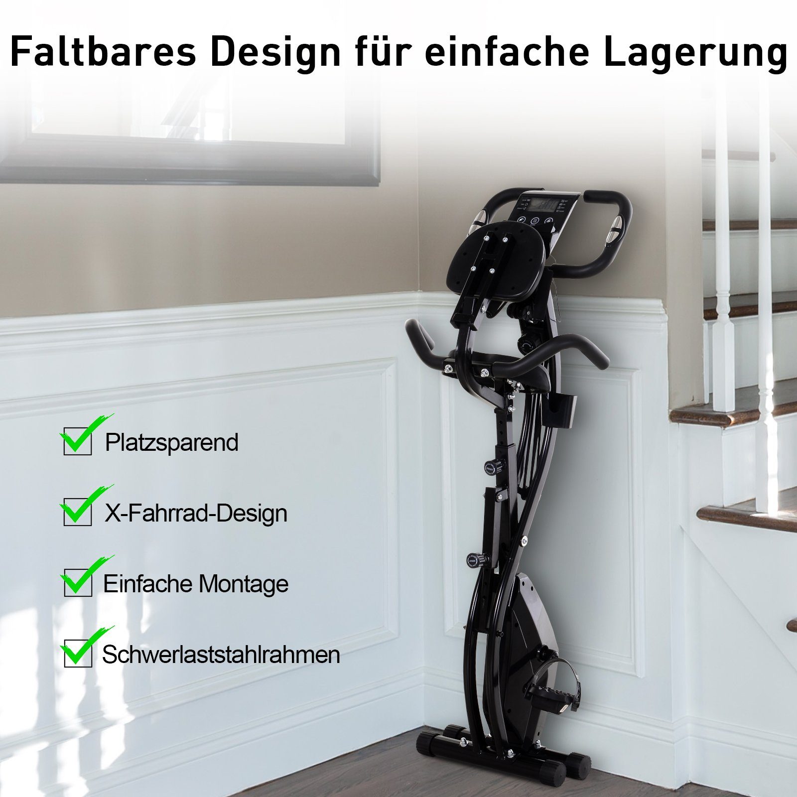 HOMCOM Heimtrainer X-Bike 2-in-1 klappbarer Hometrainer (Magnetwiderstand, 1-tlg., Fahrradtrainer), für Wohnzimmer, Schwarz
