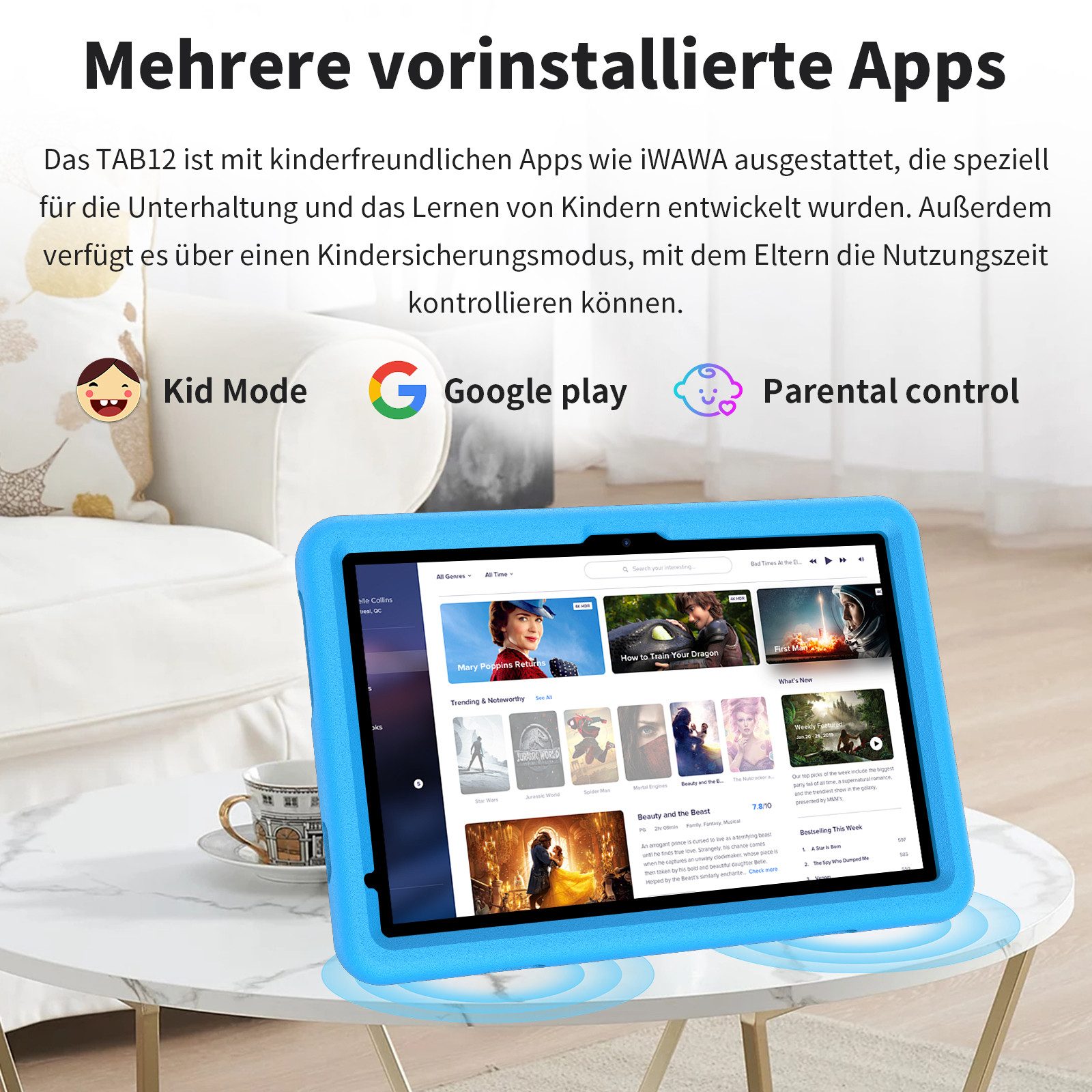 VASOUN 10-Zoll-Kindertablet, 128 GB, Kindersicherung, mit Kindersoftware Tablet (10.1 Zoll Tablet", 128 GB, 4G-Telefonie) blau