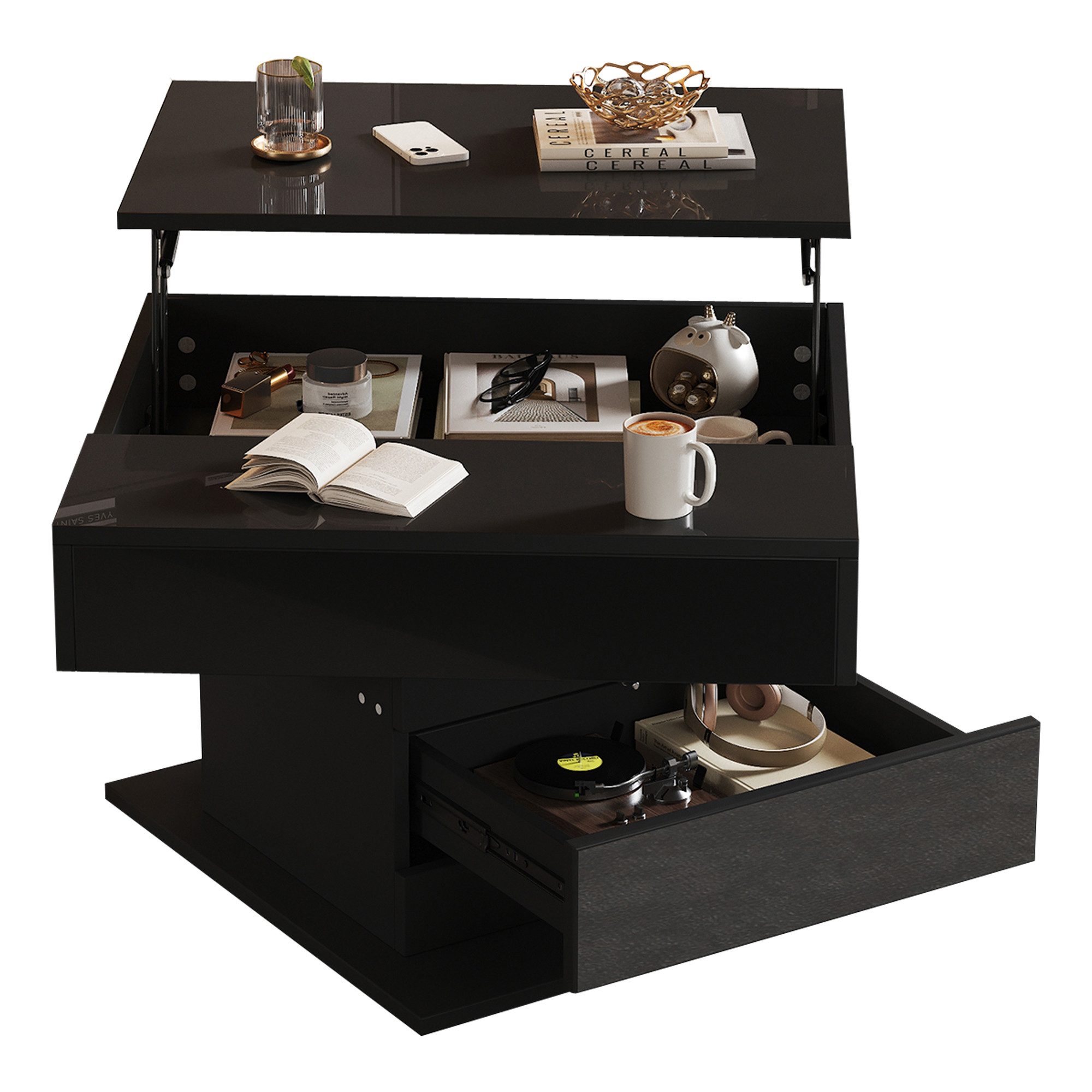 Merax Couchtisch hochglanz Sofatisch 360° drehbar höhenverstellbar Beistelltisch (1-St., quadratischer Kaffeetisch 70x70x45cm), Wohnzimmertisch mit Schublade, verstecktem Stauraum & Liftfunktion