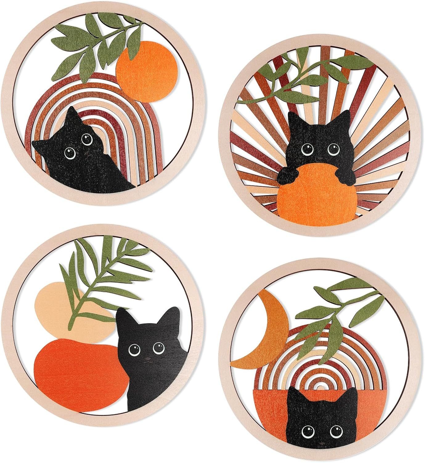 BlingBin Wanddekoobjekt 4 Stück Holz Boho Wand Deko Wanddeko Holz Vintage Deko Katze (4 Stück, 4 St., 25x25cm), Minimalistische Wandkunst für Kunst Wohnzimmer Bauernhaus