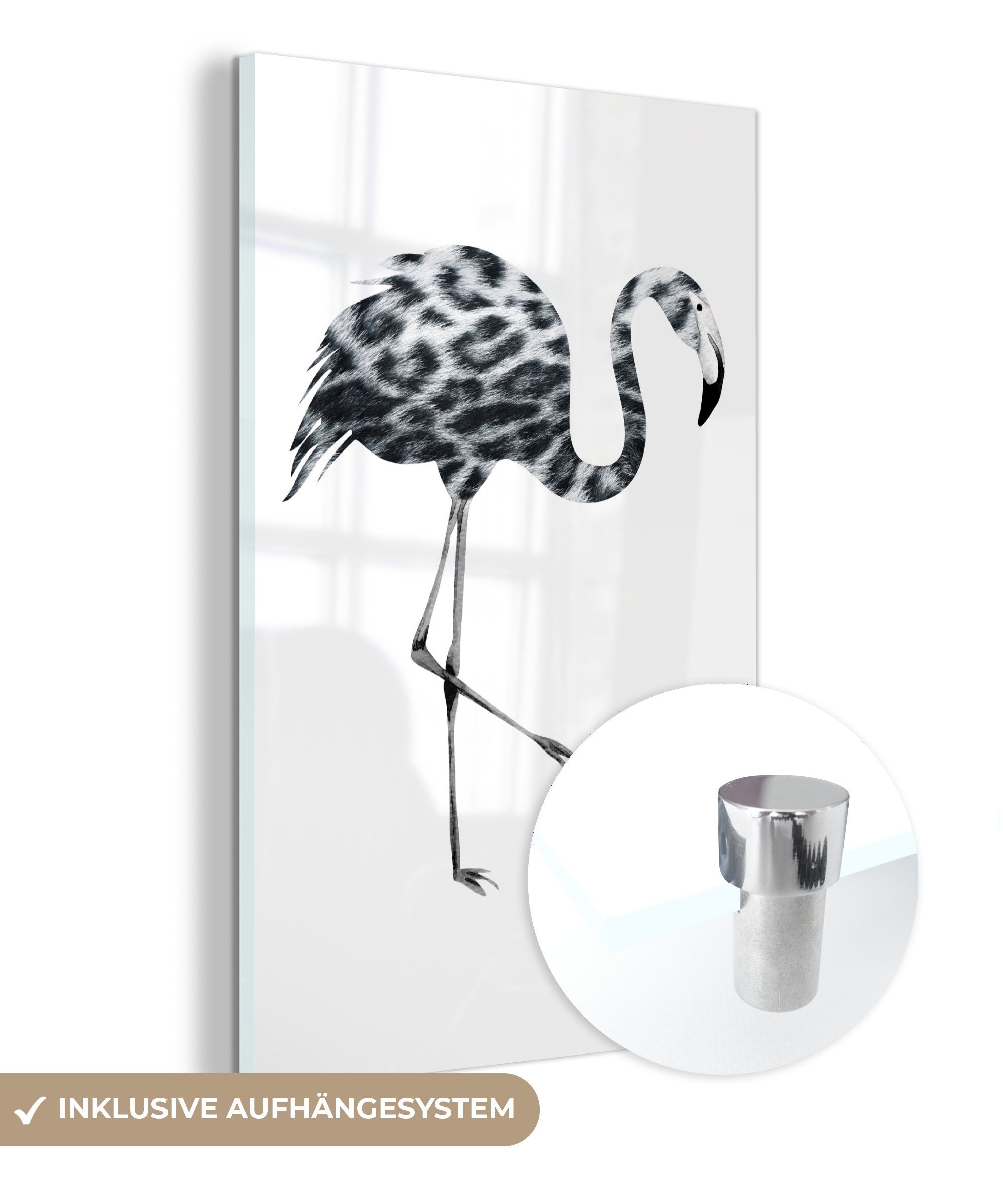 MuchoWow und - Bilder St), - auf Schwarz Wanddekoration (1 Wandbild auf Foto Pantherdruck, Acrylglasbild Glasbilder Flamingo - - Glas - Glas weiß bunt