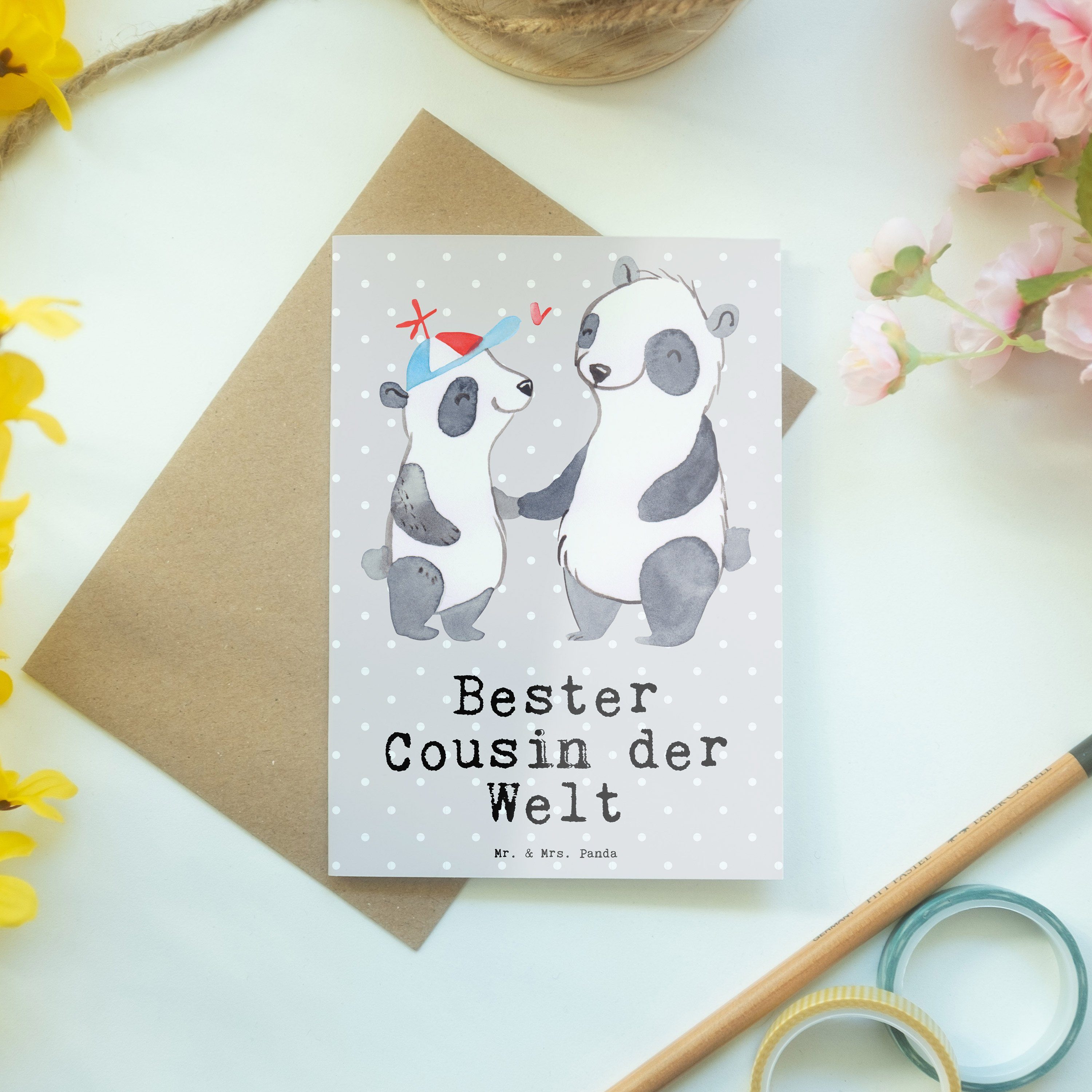 Mr. & Mrs. Grußkarte - der Geschenk, Pastell Cousin Grau Welt Panda Bester Panda - Kousin, Einla
