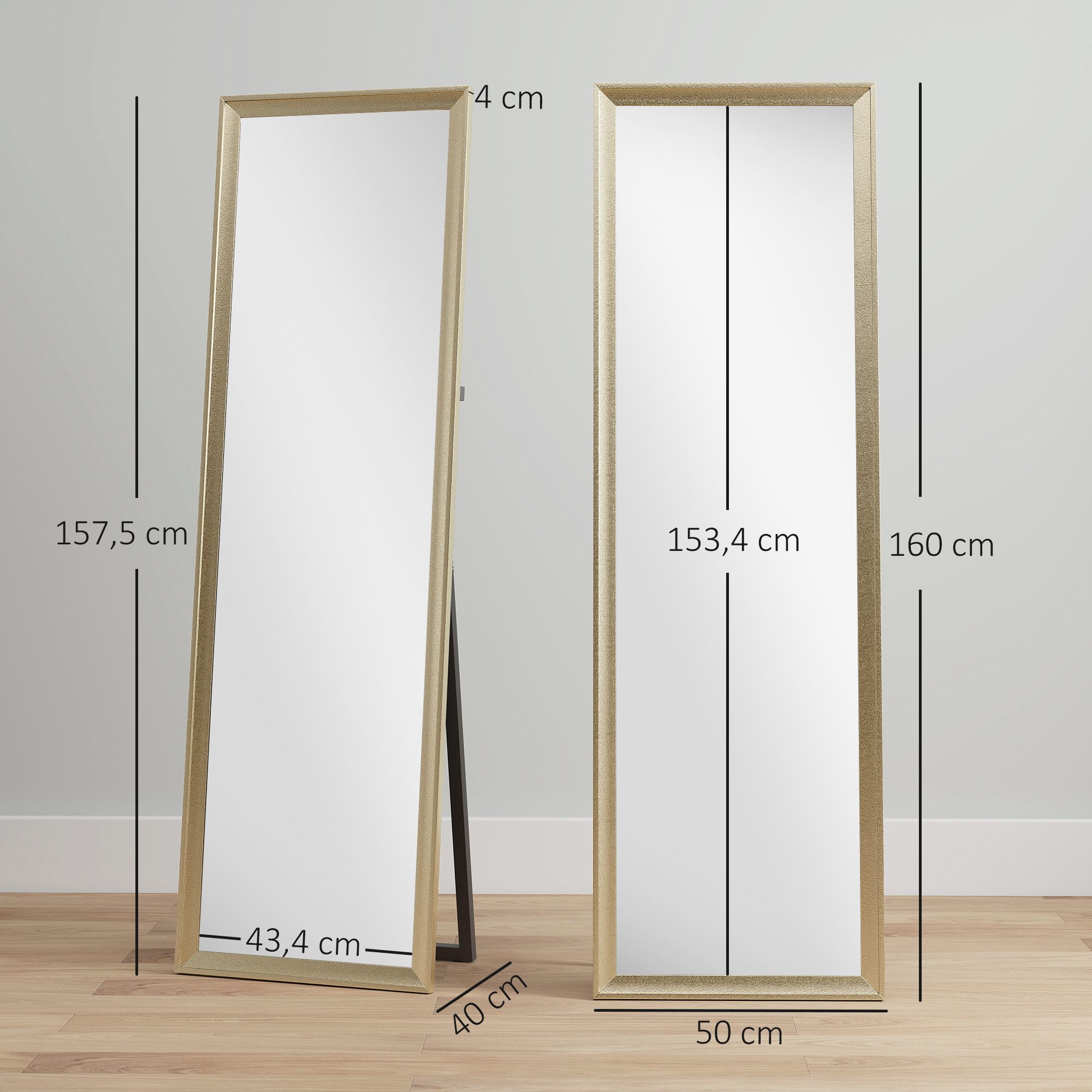 HOMCOM Standspiegel Ganzkörperspiegel mit Metalloptik, Wandspiegel zum Anlehnen (Stehspiegel, 1-St., Standspiegel), für Wohnzimmer, Schlafzimmer, Gold