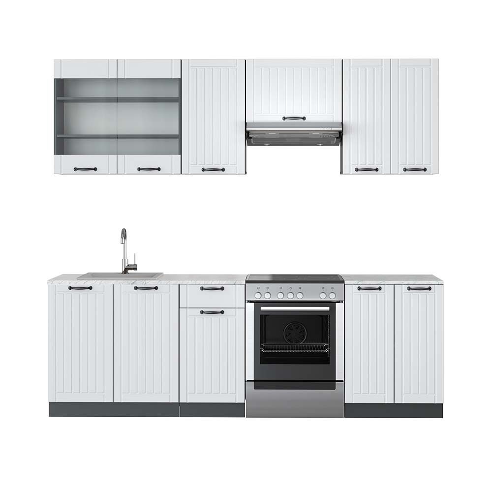 Vicco Küchenzeile Fame-Line, Weiß Landhaus/Anthrazit, 240 cm, AP Marmor