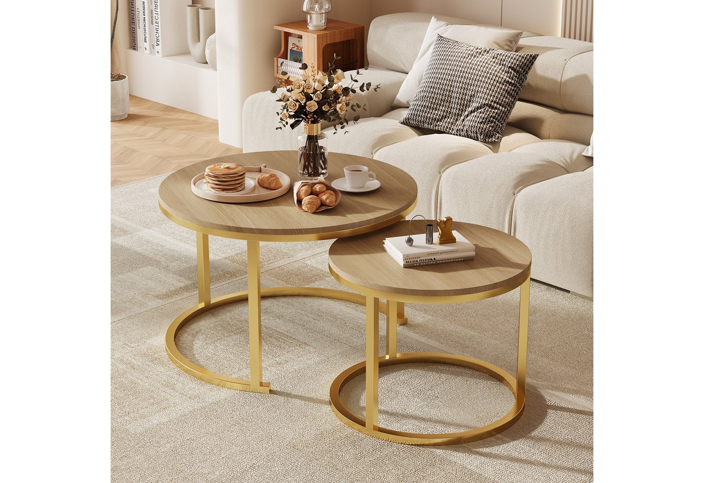 Hiazurm Couchtisch Couchtisch 2er Set mit Marmormuster, Kaffeetisch, Beistelltisch (Satztisch für Wohnzimmer & Büro & Schlafzimme & Balkon, 2er Set), 70x45cm+50x40cm, Rund