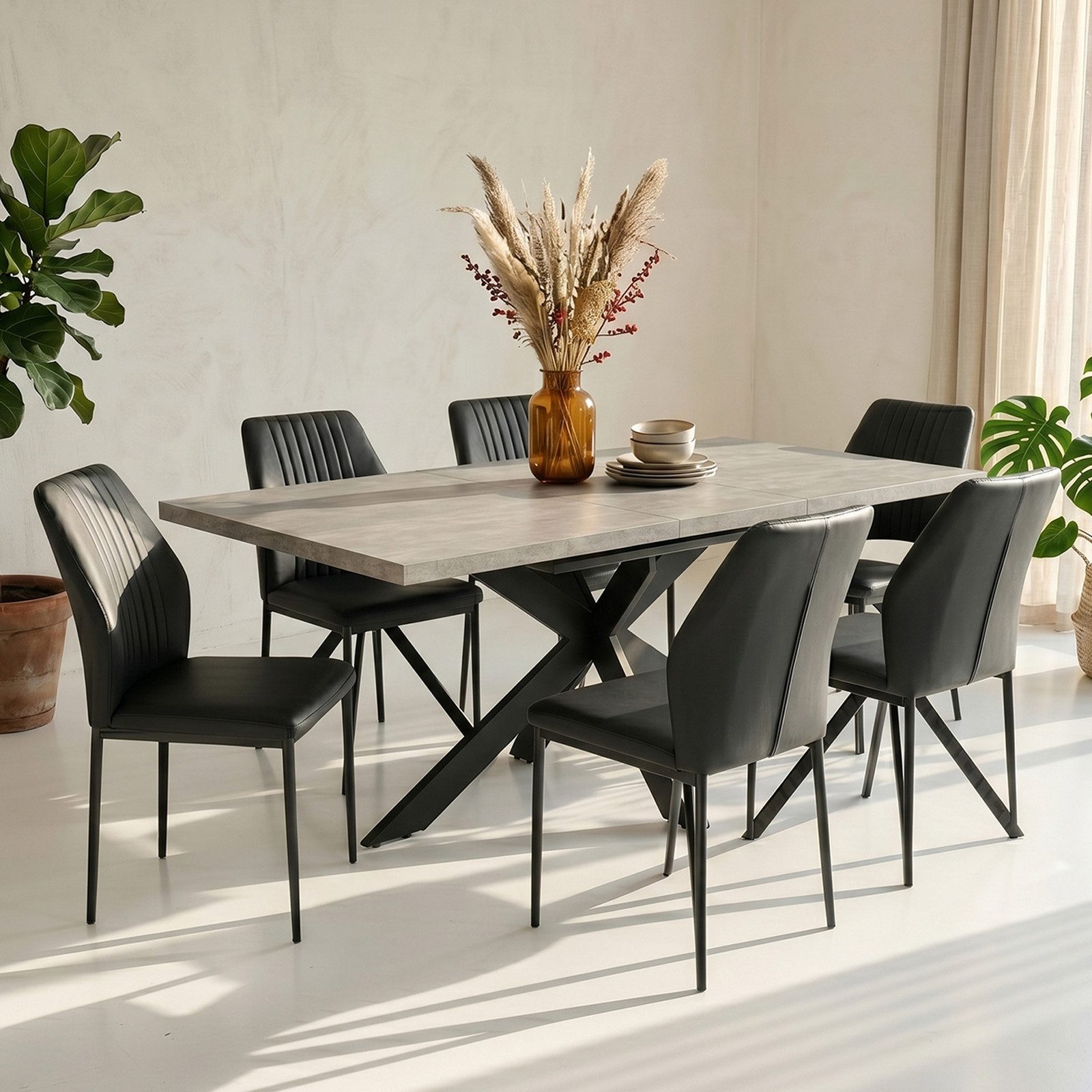 Jiexi Essgruppe Tisch-und Stuhlset, Ausziehbarer Esstisch (160–200 cm) mit 6-8 Stühlen