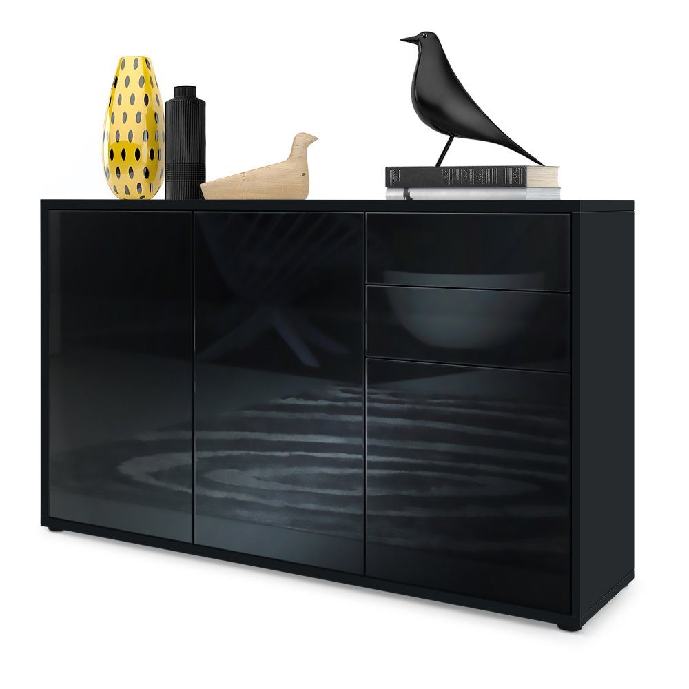 Vladon Kommode Ben V3 (Kommode, mit 3 Türen und 2 Schubladen), Schwarz matt/Schwarz Hochglanz (117 x 74 x 36 cm)