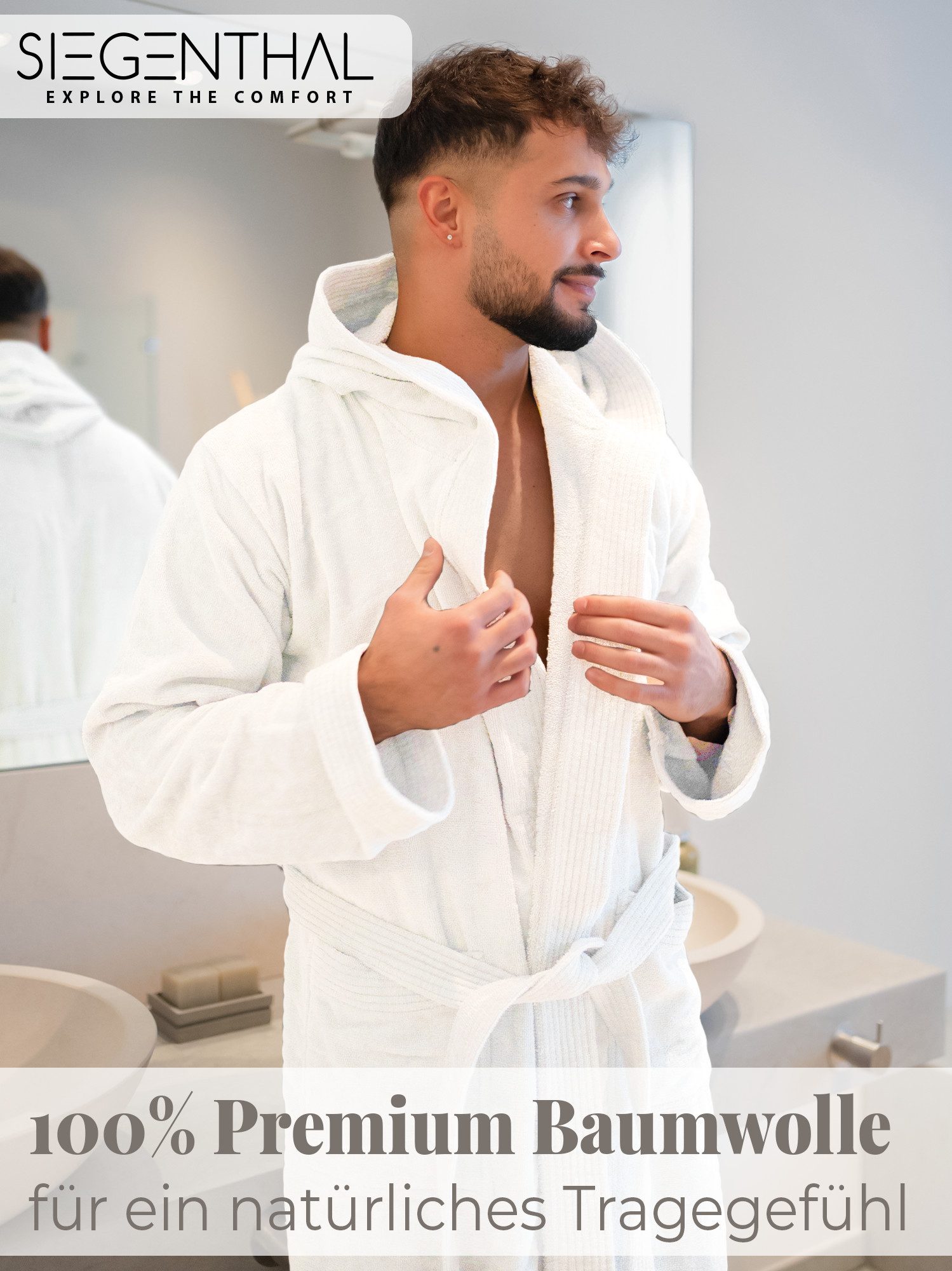 SIEGENTHAL Herrenbademantel 100% Baumwolle Frottee Velours mit Kapuze Wadenlang Wellness und Spa, Kapuze, Bindegürtel, Wadenlang, 2x Taschen, 100% Baumwolle, we – Bild 3 von 5