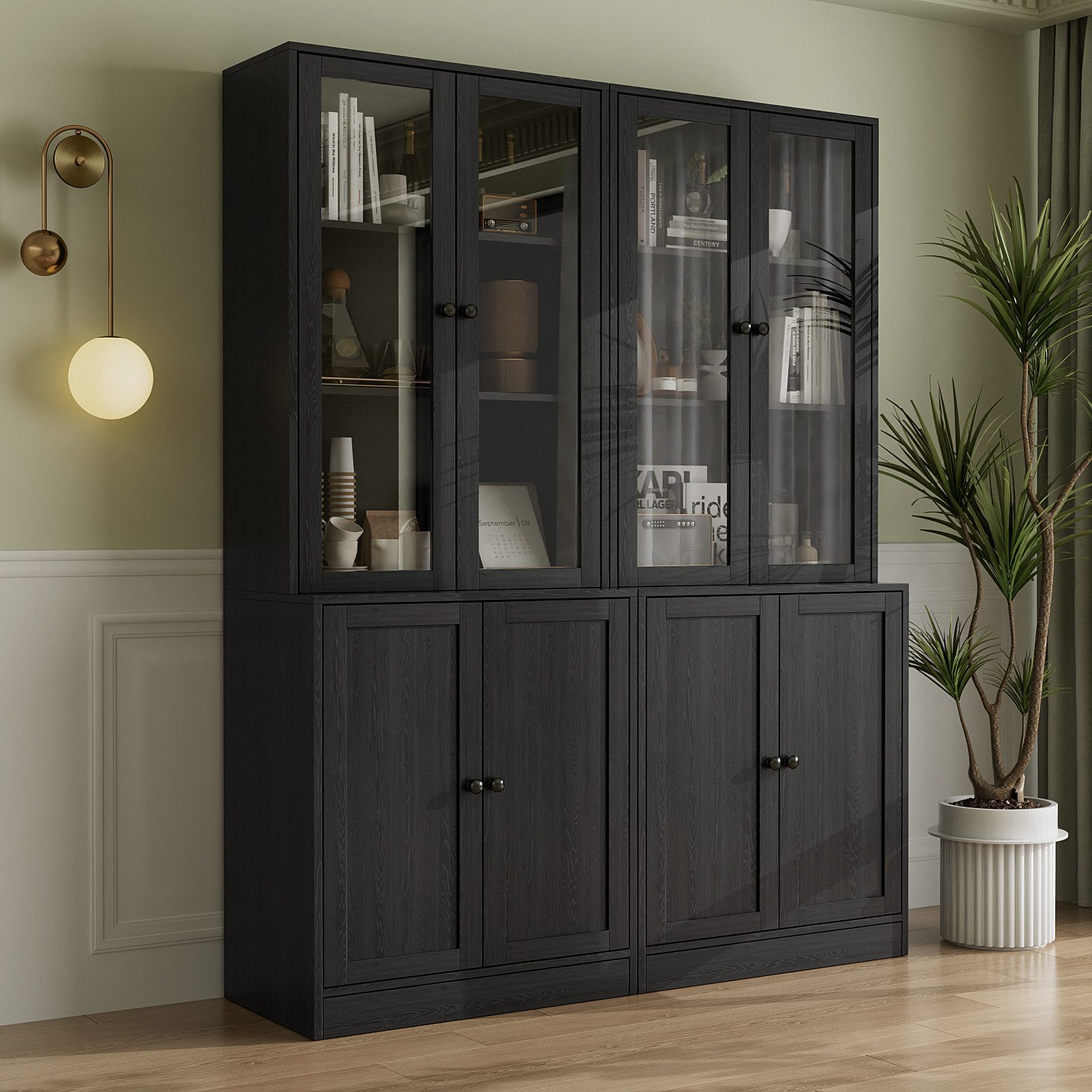 VOWNER Bücherregal 5-stöckiger Hochschrank mit Glastüren – 180 cm Vitrinenschrank, 1-tlg., Küchenhochschrank & Buffetschrank für Wohnzimmer, Esszimmer – Bild 5 von 5
