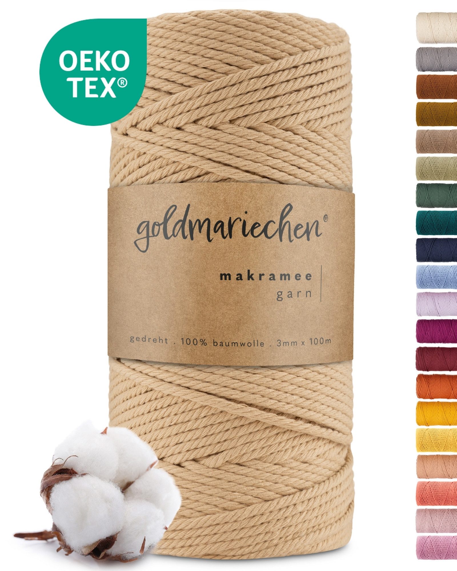 goldmariechen Makramee-Garn 3mm mehrfach gedreht Bastelgarn, 100% Baumwolle