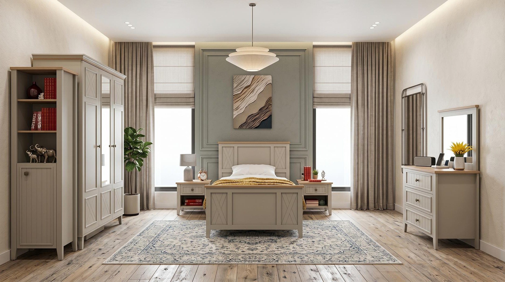 Xlmoebel Kleiderschrank Beiges Jugendzimmer mit Kleiderschrank, Nachttischen und Regal (Jugendzimmer-Set, 6-St., 6-tlg)