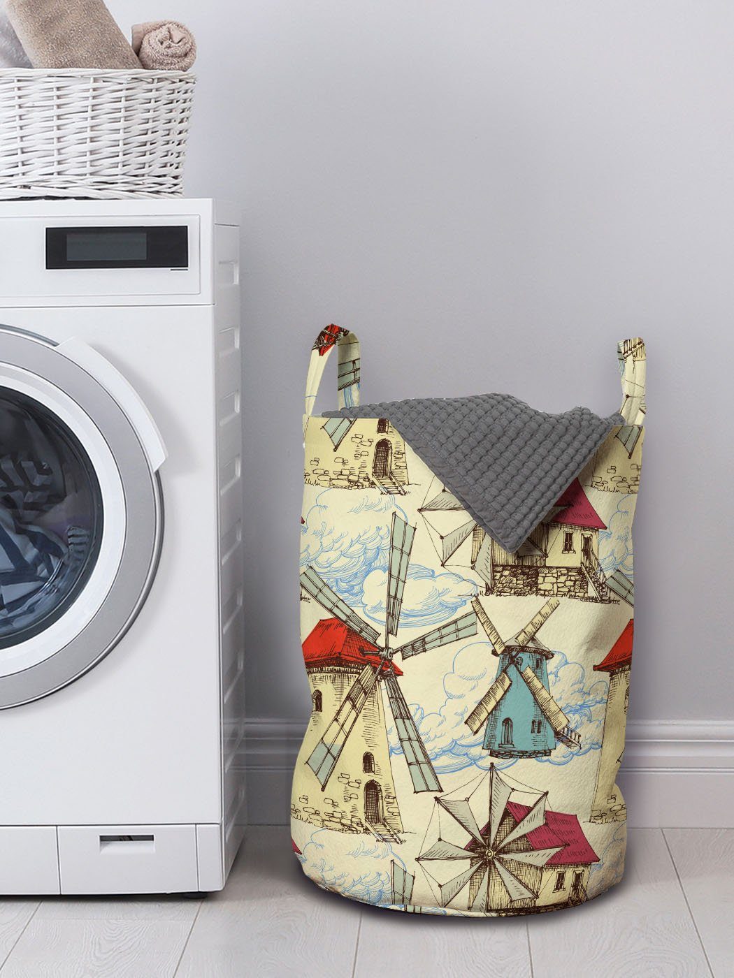 Abakuhaus Wäschesäckchen Wäschekorb mit Griffen Skizzieren und Waschsalons, Wolken Flüchtige für Kordelzugverschluss Windmühle