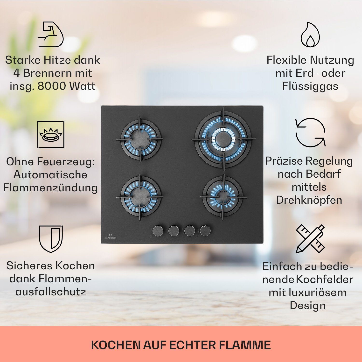 Klarstein Gas-Kochfeld Firetale gas hob, 4 flammen brenner Kochfelder Gaskochfelder