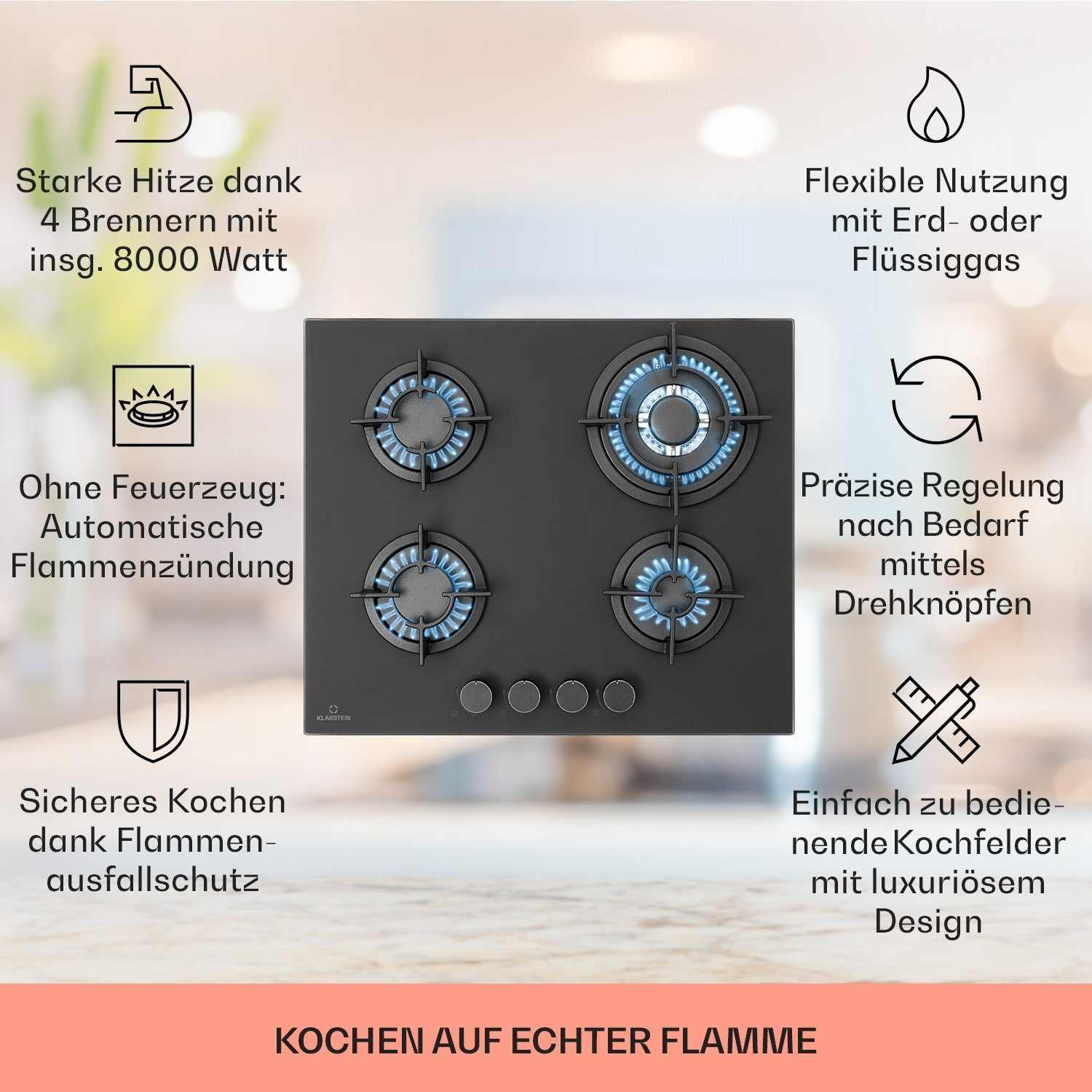 Gas-Kochfeld 4 brenner CP11-Firetale4-BK, Klarstein Kochfelder Gaskochfelder flammen Schwarz CP11-Firetale4-BK