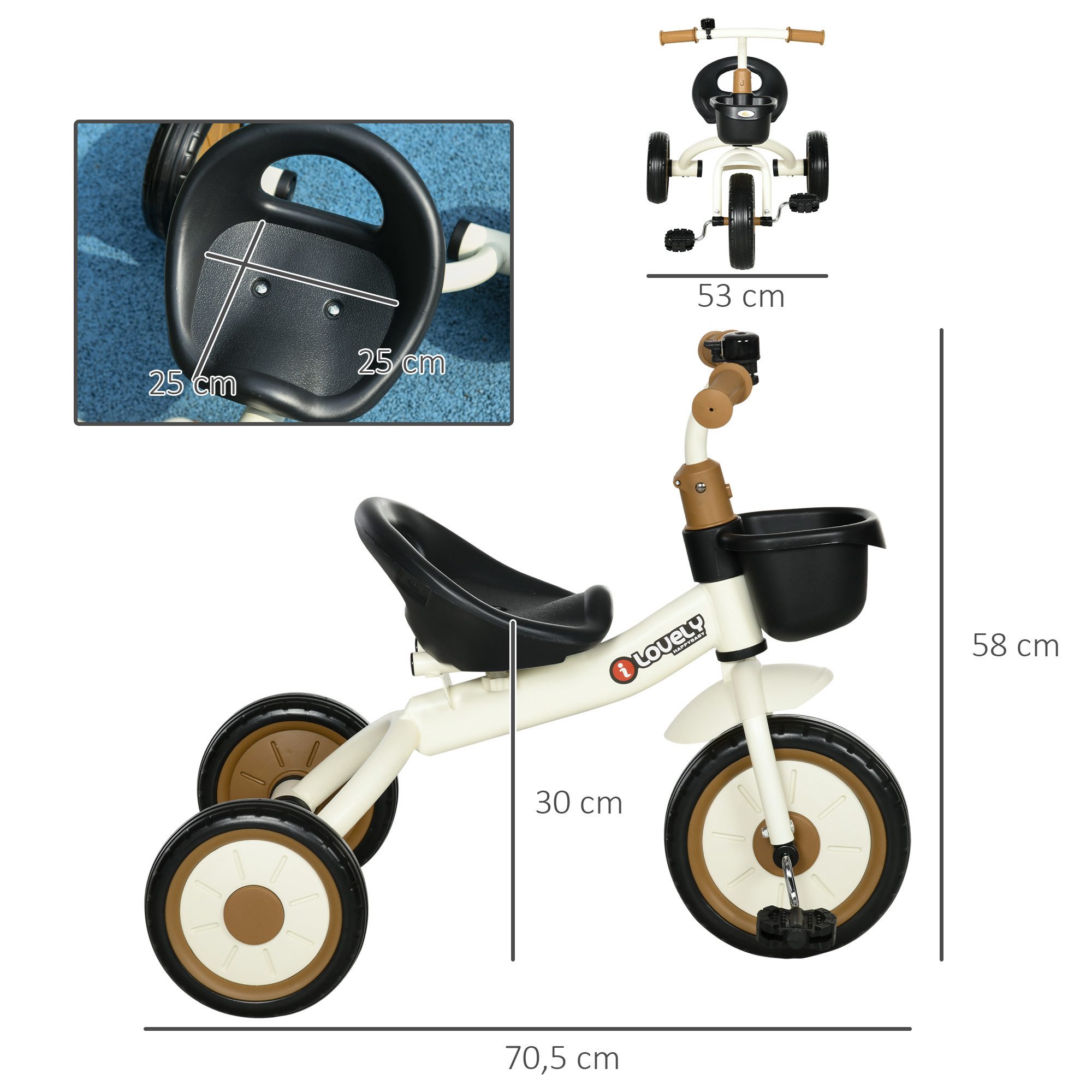 AIYAPLAY Dreirad Kinderdreirad mit Verstellbarer Sitz, Klingel, Kleinkind Dreirad, Weiß 70.5 x 53 x 58 cm