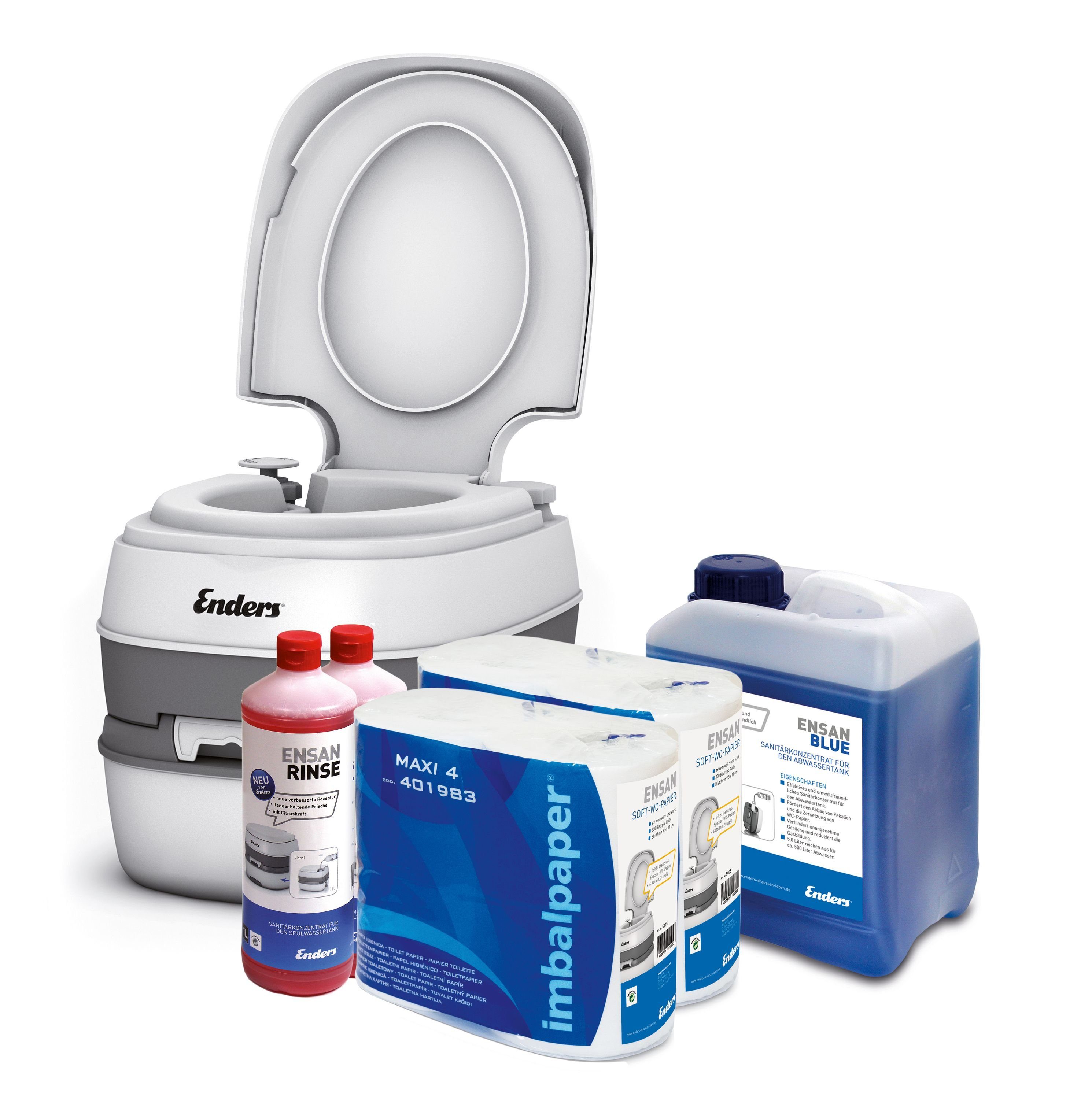 Enders® Campingtoilette Starter-Set Blue XL Comfort, (Spar-Set, inkl. 2L RINSE + 5L BLUE + 8 Rollen selbstauflösendes Toilettenpapier), Kolbenpumpe, geringes Gewicht, glatte und hygienische Oberfläche