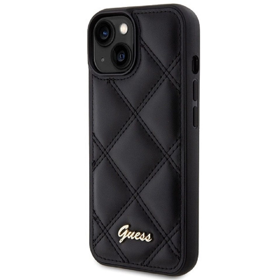Guess Handyhülle Case iPhone 15 Kunstleder schwarz mit Logo goldfarben 6,1 Zoll, Kantenschutz