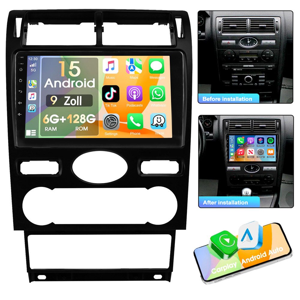 ESSGOO DAB+ 6+128G Android 15 Carplay für Ford Mondeo 2004-2007 Carplay GPS Autoradio (DAB (optional), DAB+ (optional), RDS, AM, FM, 6GB+128GB, 4G LTE, GPS Navi Android Auto Bluetooth EQ USB WIFI IPS Touchscreen)