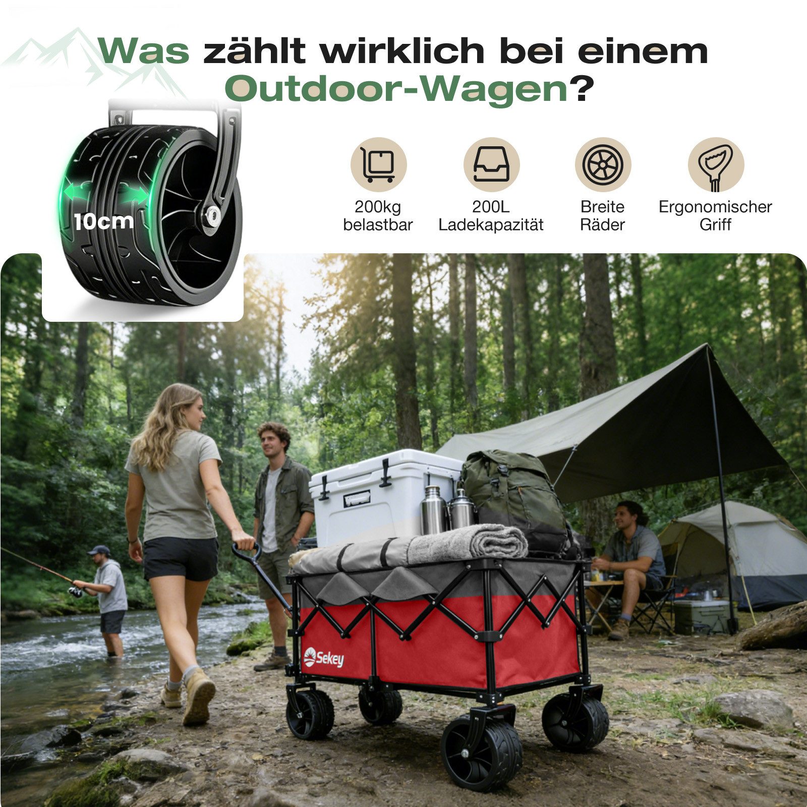 Sekey Bollerwagen Faltbar Handwagen Faltbollerwagen mit extra breiten All-Terrain-Rädern, XXL Plus Bollerwagen 200L 200KG Belastbar, 4-Wege-Sofortaufbau