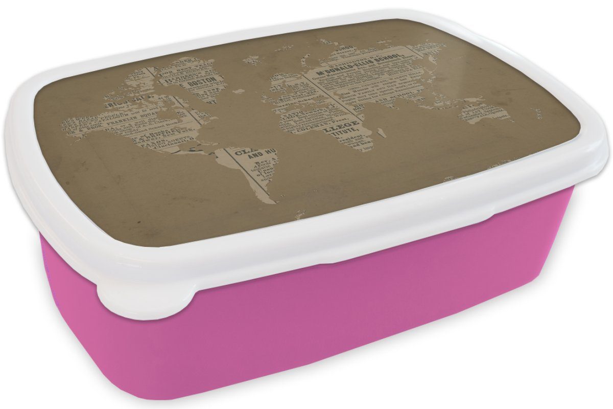 Snackbox, MuchoWow Brotbox für Kunststoff, Zeitungsdruck, Weltkarte - Brotdose rosa Mädchen, - Lunchbox (2-tlg), Kinder, Vintage Erwachsene, Kunststoff