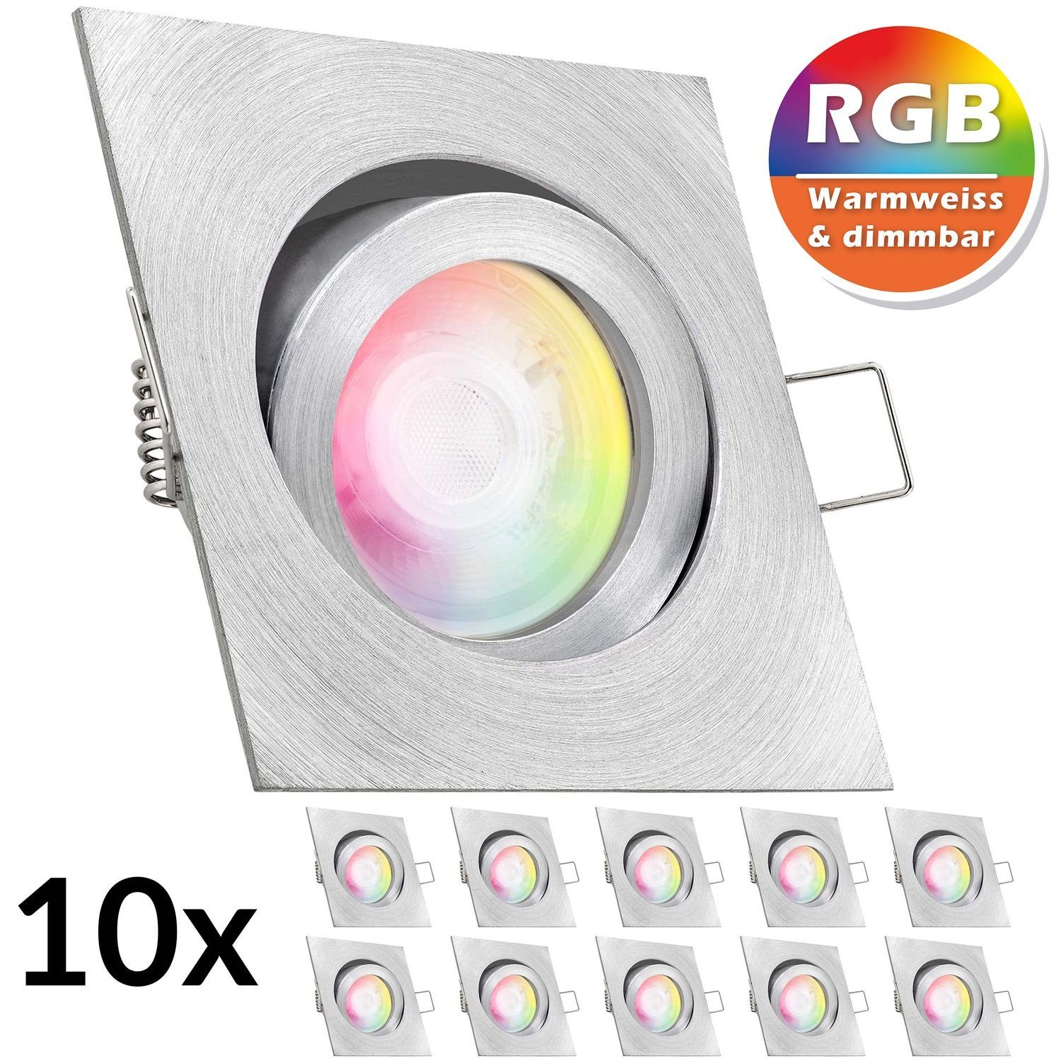LEDANDO LED Einbaustrahler 10er RGB LED Einbaustrahler Set extra flach in aluminium natur mit 3W