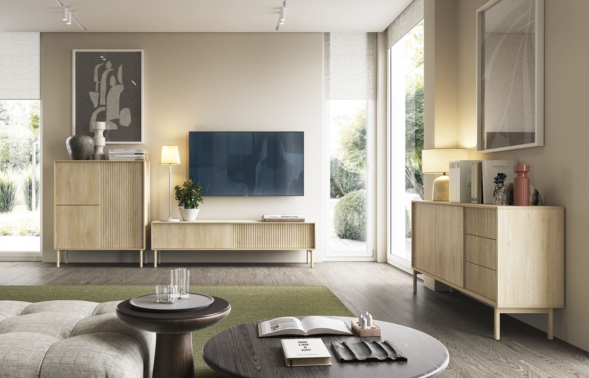 MOEBLO Kommode TAMI 153 2D3S (Eiche Cremona, gerillte MDF-Fronten, Push-to-Open-Schubladen, strukturierte Oberfläche, moderne Linien, elegante Details, Japandi-Stil, Sideboard Wohnzimmer Kommode Schlafzimmer Komodenschrank), (BxHxT): 153,5 × 79,8 × 39,5 cm