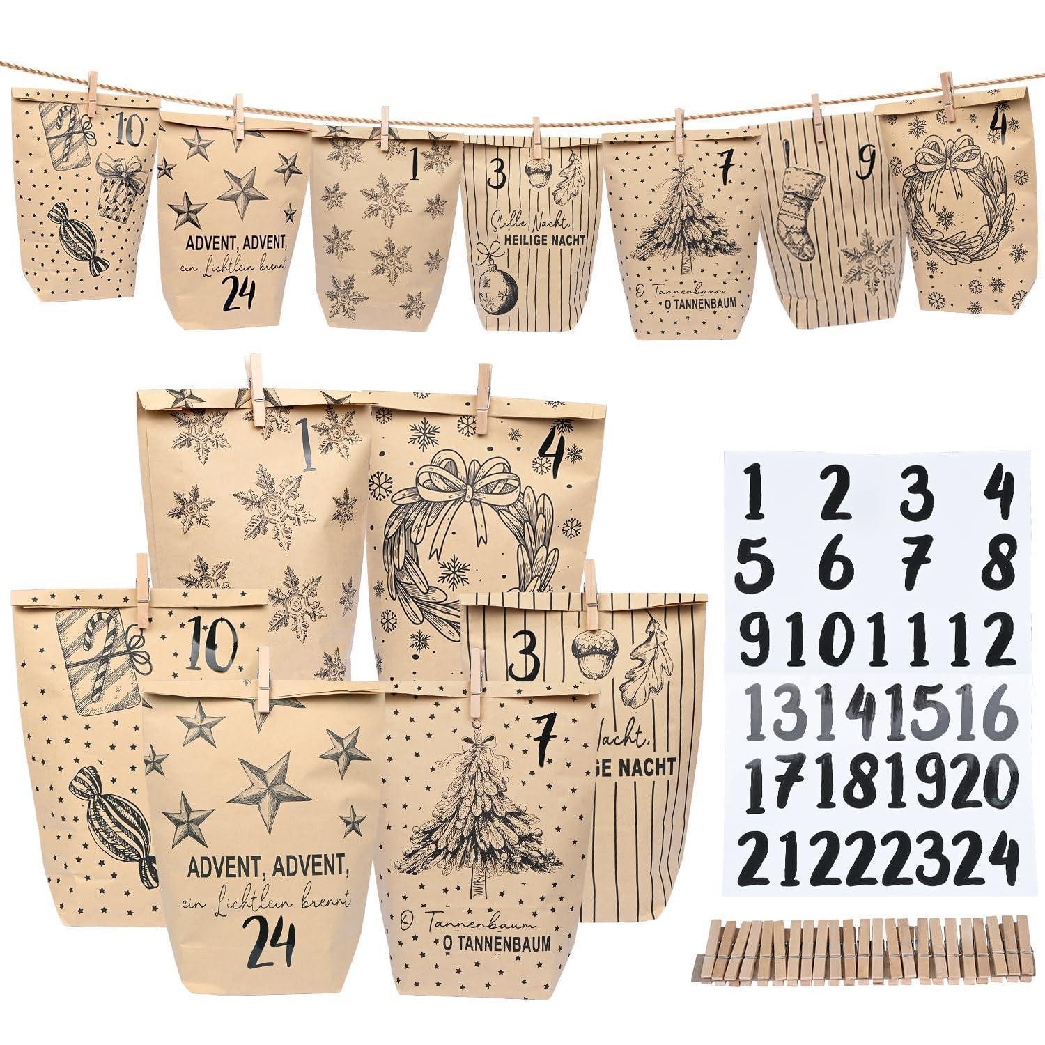 LuxusKollektion DIY-Adventskalender Adventskalender Tüten 24er Set mit Zahlen & Klammern