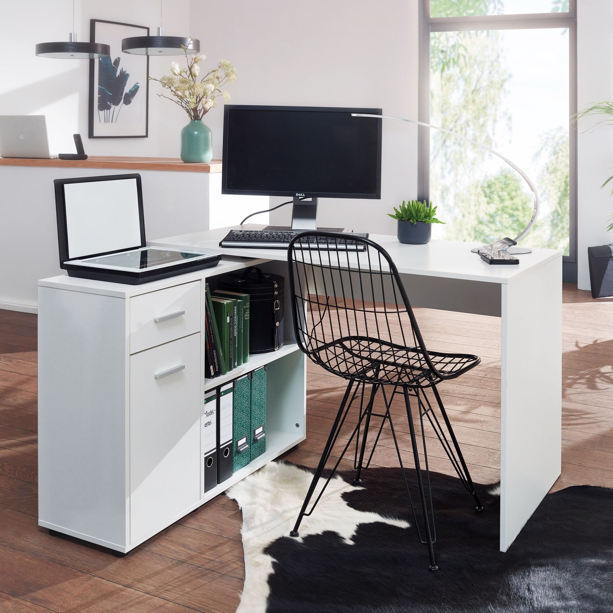 Wohnling Schreibtisch WL5.305 Regal Eck Weiß Bürotisch 120 cm Home Office (Eckschreibtisch 120 x 75,5 x 106,5 cm Weiß), HomeOffice Bürotisch Schreibtischkombination