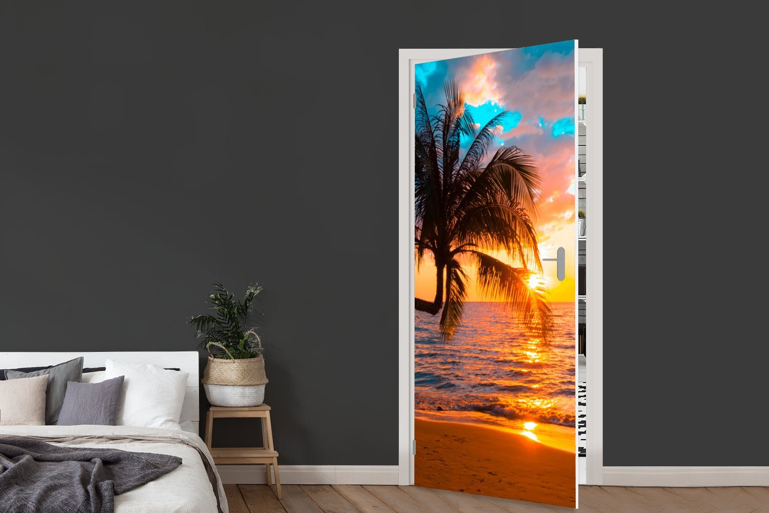 bedruckt, MuchoWow Tür, 75x205 Palme - - (1 Meer - - Sonnenuntergang Strand Matt, - für Tropisch, Türaufkleber, Türtapete cm St), Fototapete Horizont