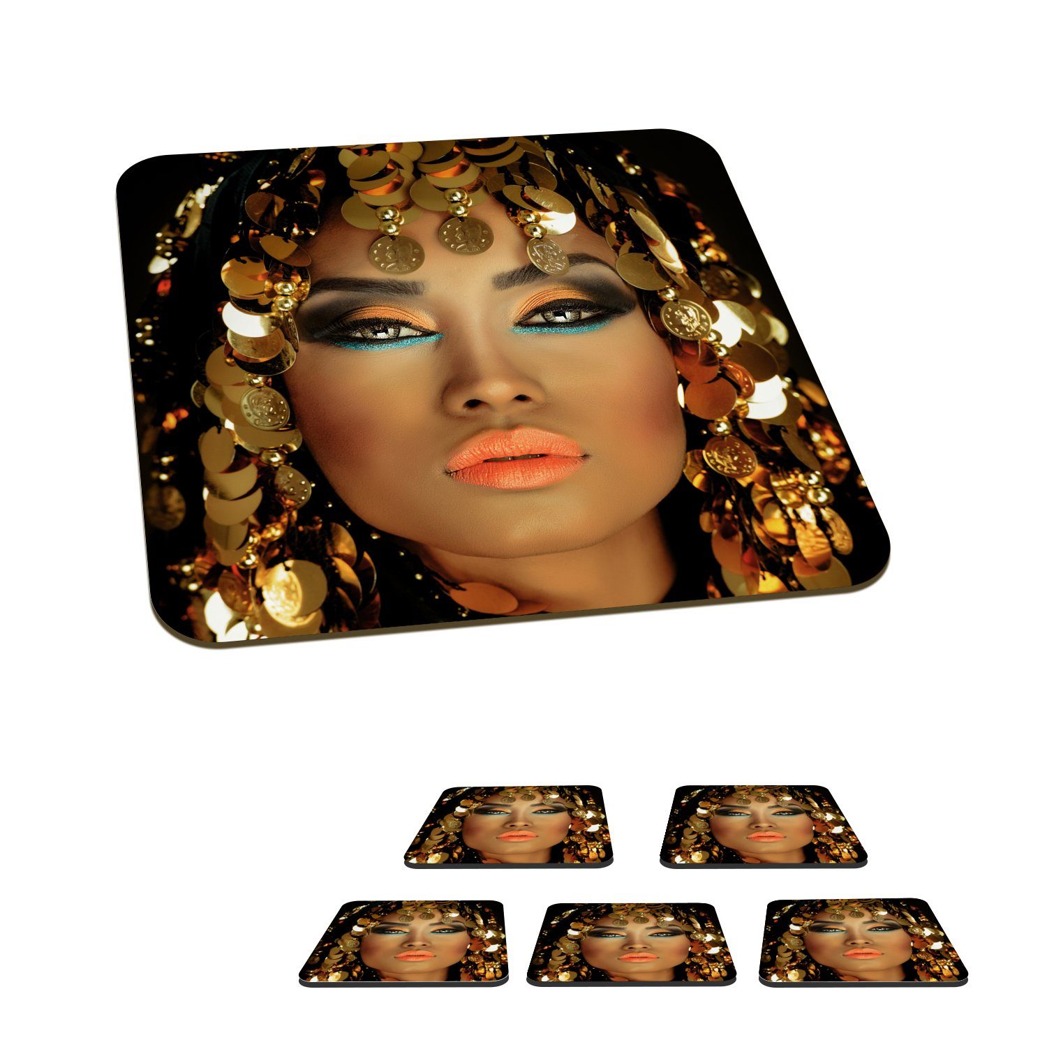 MuchoWow Glasuntersetzer Frau - Kleopatra - Gold - Schmuck - Make-up - Luxus, Zubehör für Gläser, 6-tlg., Glasuntersetzer, Tischuntersetzer, Korkuntersetzer, Untersetzer, Tasse