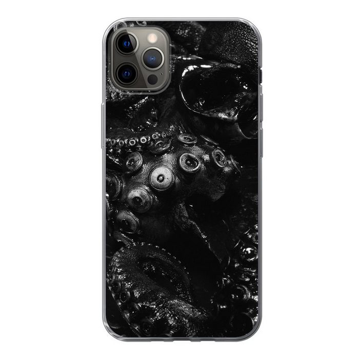 MuchoWow Handyhülle Nahaufnahme Oktopus auf schwarzem Hintergrund in schwarz und weiß Handyhülle Apple iPhone 12 Pro Max Smartphone-Bumper Print Handy
