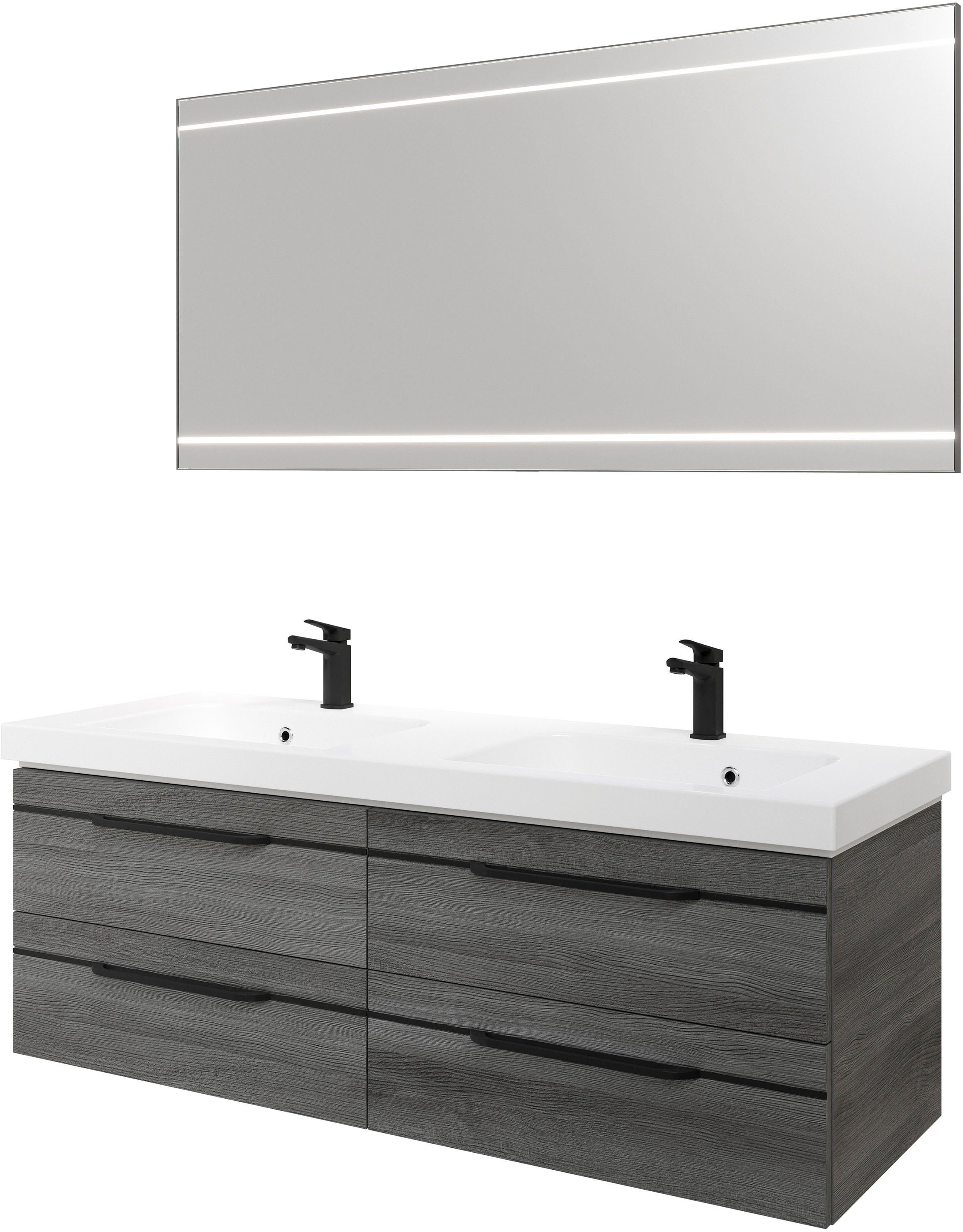 Saphir Badmöbel-Set Balto 2-teilig Mineralmarmor-Doppelwaschtisch mit LED-Spiegel, (2-St), Waschplatz 150 cm breit, 4 Schubladen, inkl. Schubladendämpfer