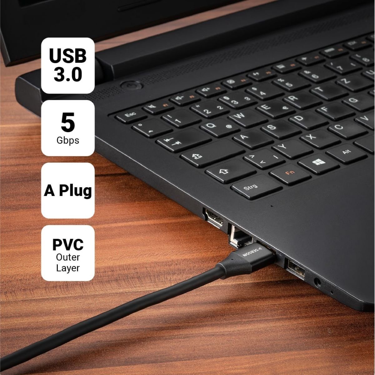 SEBSON USB Verlängerung 3m - A Stecker/A Buchse - USB3.0 Datenkabel 5 Gbit/s USB-Kabel, (300 cm) – Bild 5 von 5