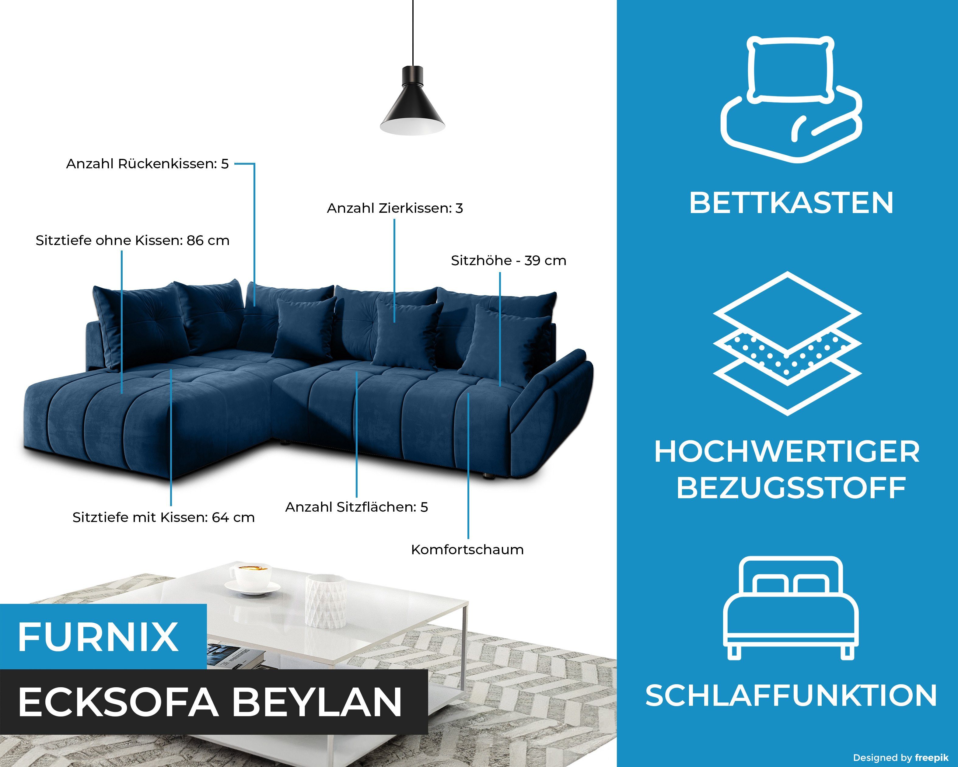 x mit Kissen, MH77 made Bettkasten Polstercouch Furnix pflegeleicht, in 190 BEYLAN und Europe cm, 71/91 x in Ecksofa Dunkelblau L-Form Schlafsofa 280