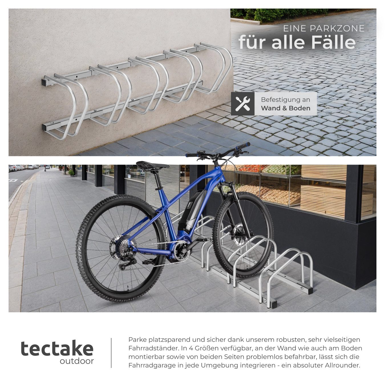 tectake Fahrradständer Fahrradbügel, von beiden Seiten befahrbar, aus rostfreiem Stahl (Fahrradhalterung, in silber), Für Reifenbreiten von 35 - 60 mm, Abstand von Rad zu Rad: 21 cm