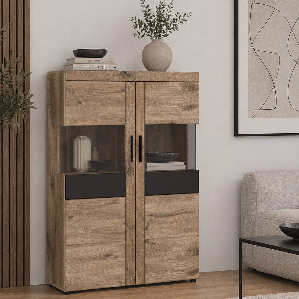 Lomadox Highboard GRAHAM-129, Eiche Dekor 101,9 cm Softclose Türen mit Glaseinsatz