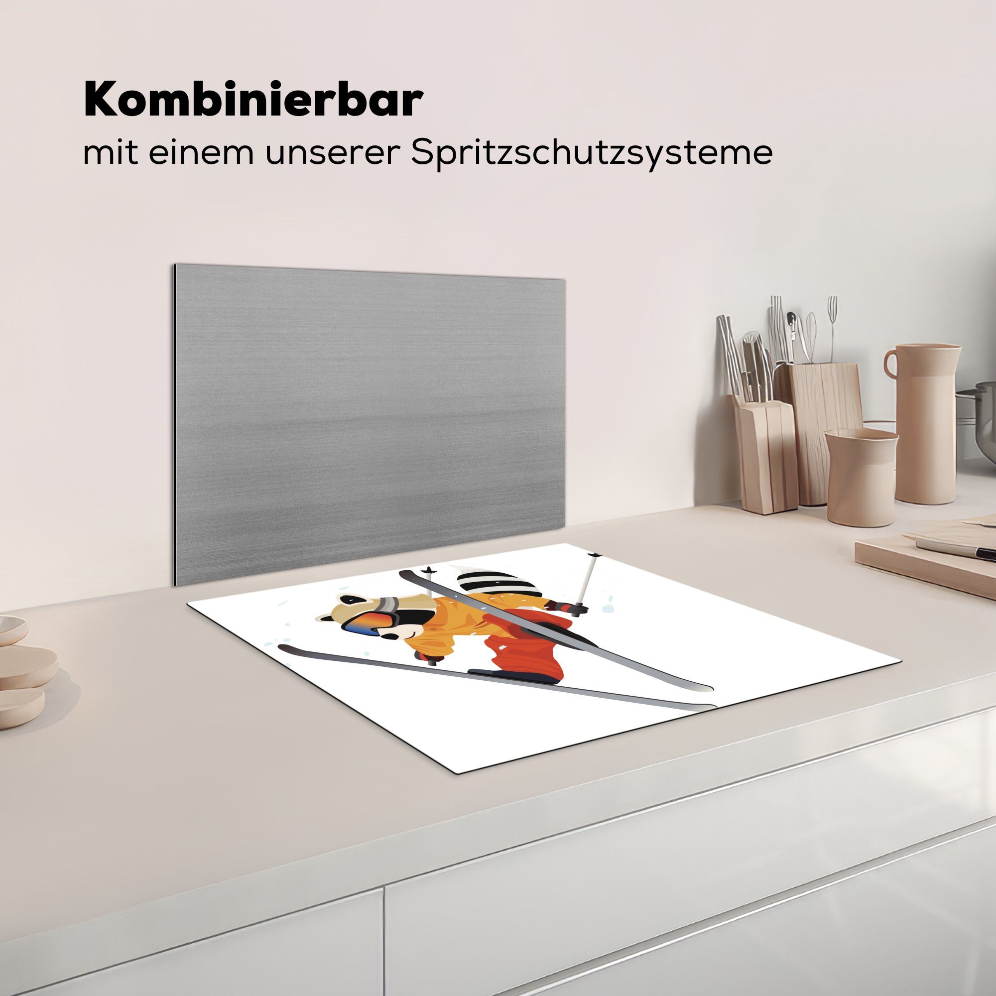 (1 Herdblende-/Abdeckplatte Skiern, tlg), Ceranfeldabdeckung MuchoWow nutzbar, Waschbären Arbeitsfläche 60x52 eines auf Illustration Vinyl, cm, Mobile